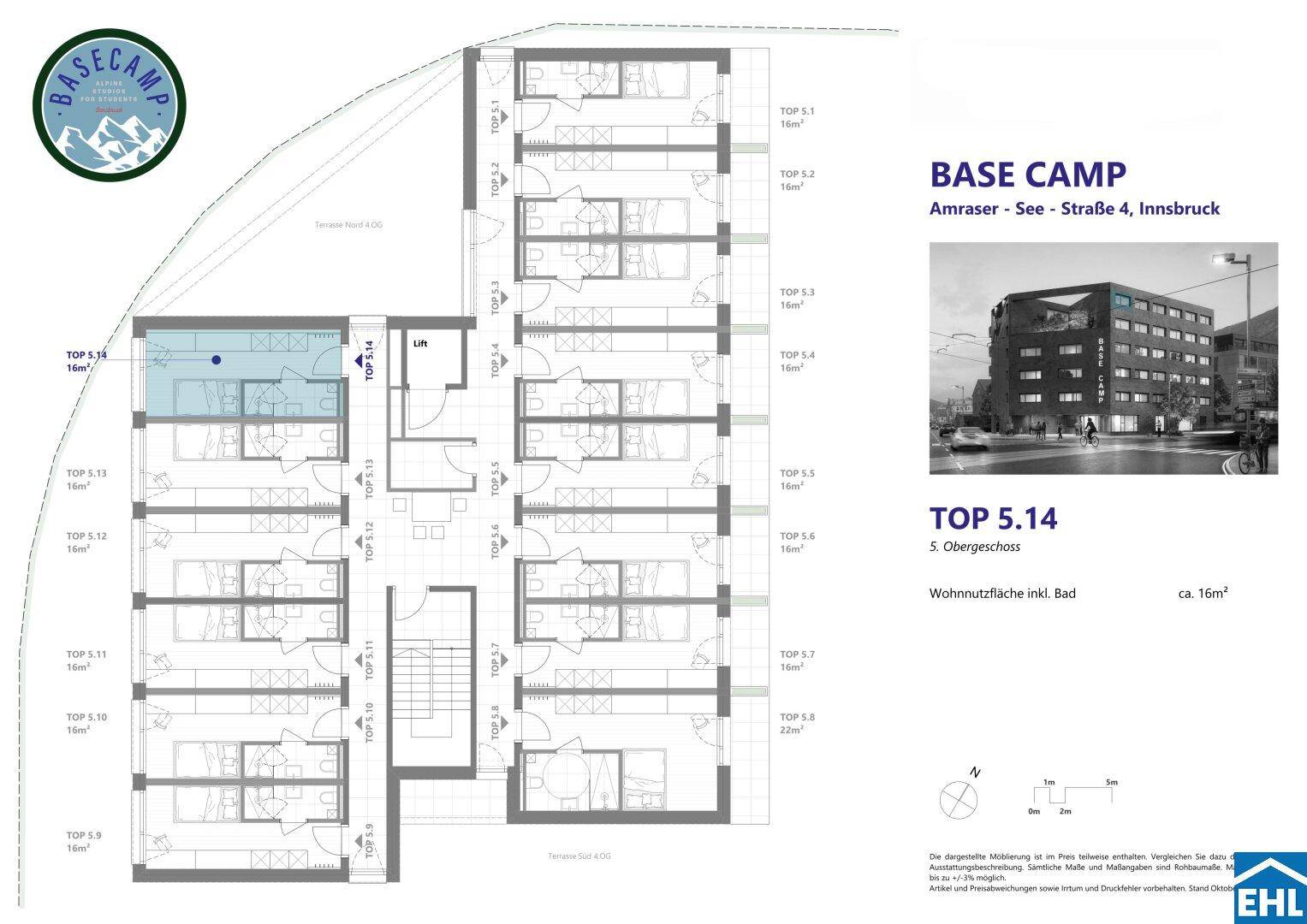 Grundriss des 5. Obergeschosses mit mehreren Wohneinheiten und Gemeinschaftsbereichen.