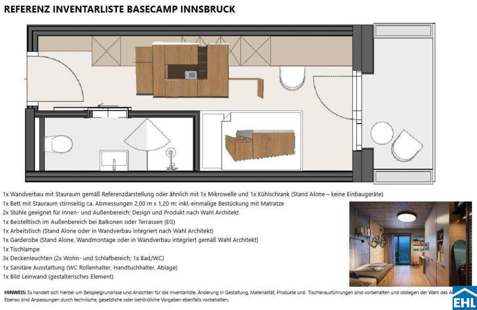 Grundriss einer Wohneinheit mit integrierter Küche, Bad und Schlafbereich sowie detaillierter Inventarliste.