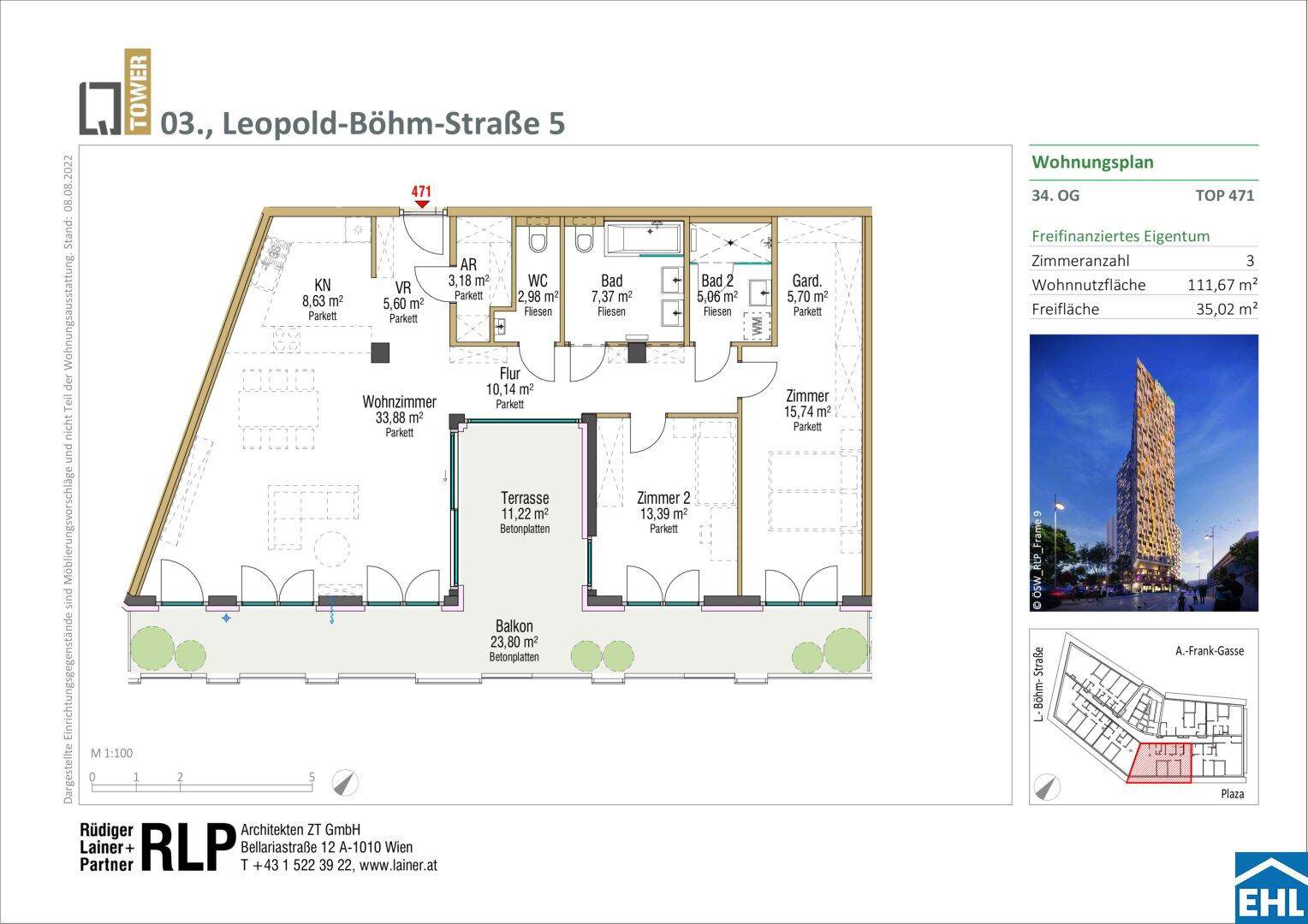 Grundriss einer Wohnung mit drei Zimmern, zwei Bädern und großzügigen Balkon- und Terrassenflächen.