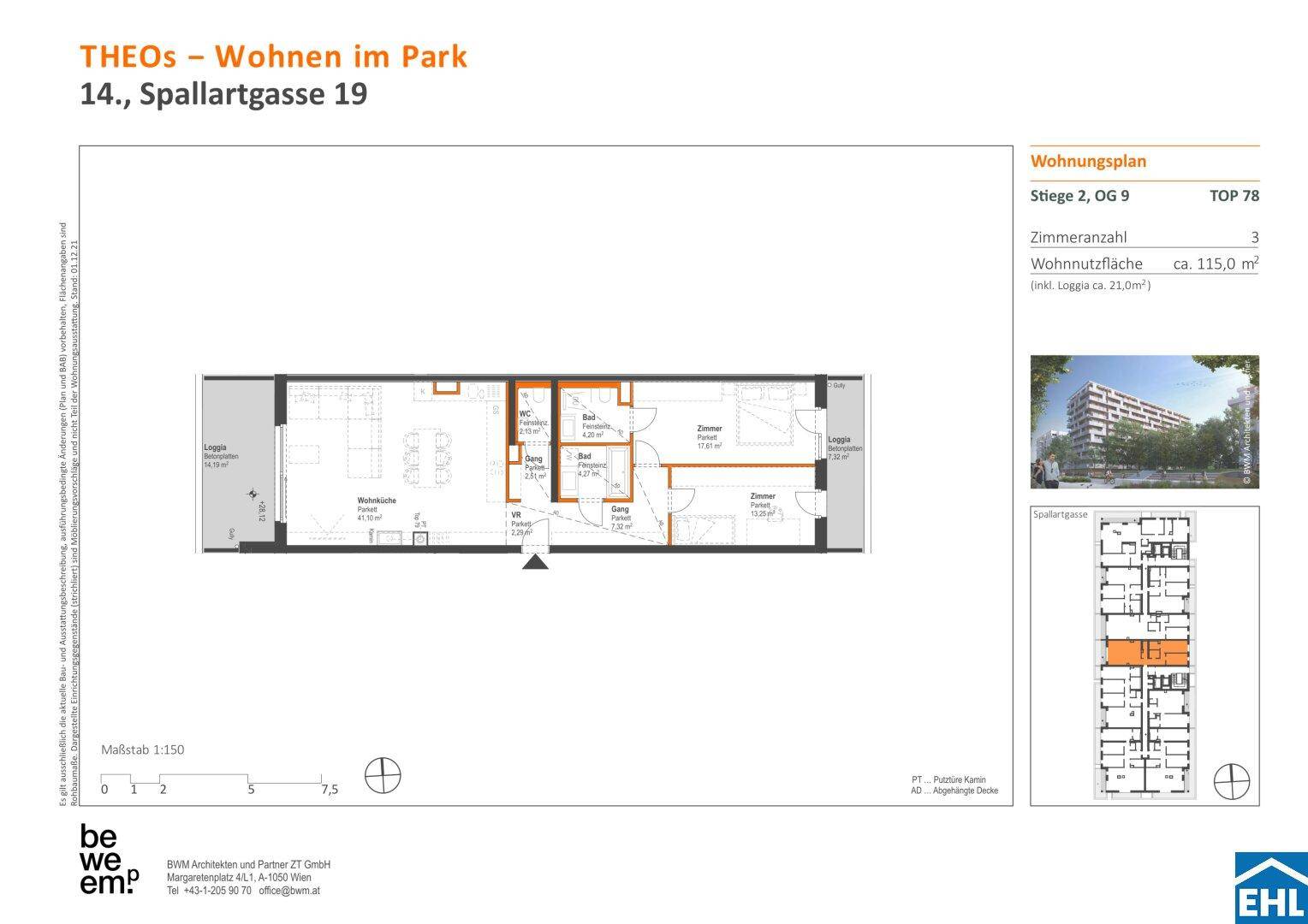 Grundriss einer Wohnung mit drei Zimmern und einer Wohnnutzfläche von 115 Quadratmetern.