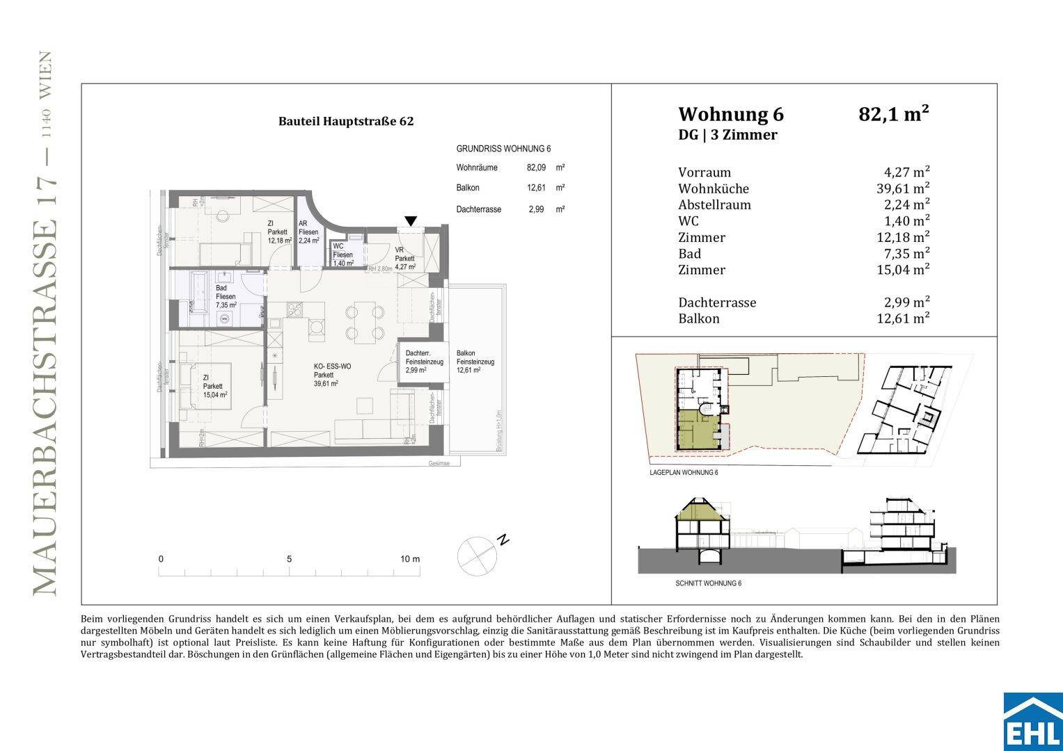 Grundriss einer 3-Zimmer-Wohnung im Dachgeschoss mit offener Wohnküche, Bad, WC, Abstellraum, Balkon und Dachterrasse.