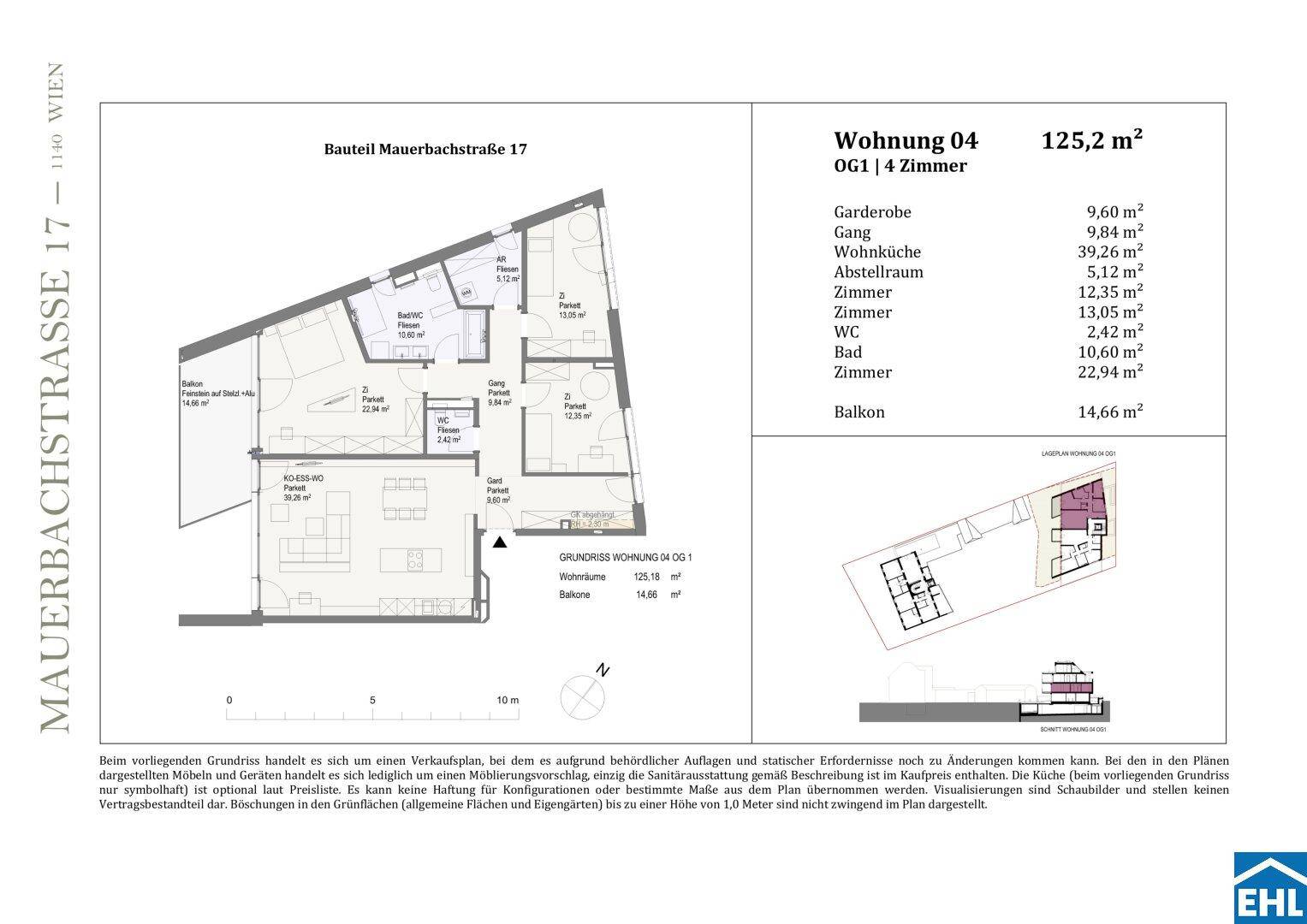 Grundriss der Wohnung 04 mit offener Wohnküche, drei Zimmern, zwei Bädern und großem Balkon.