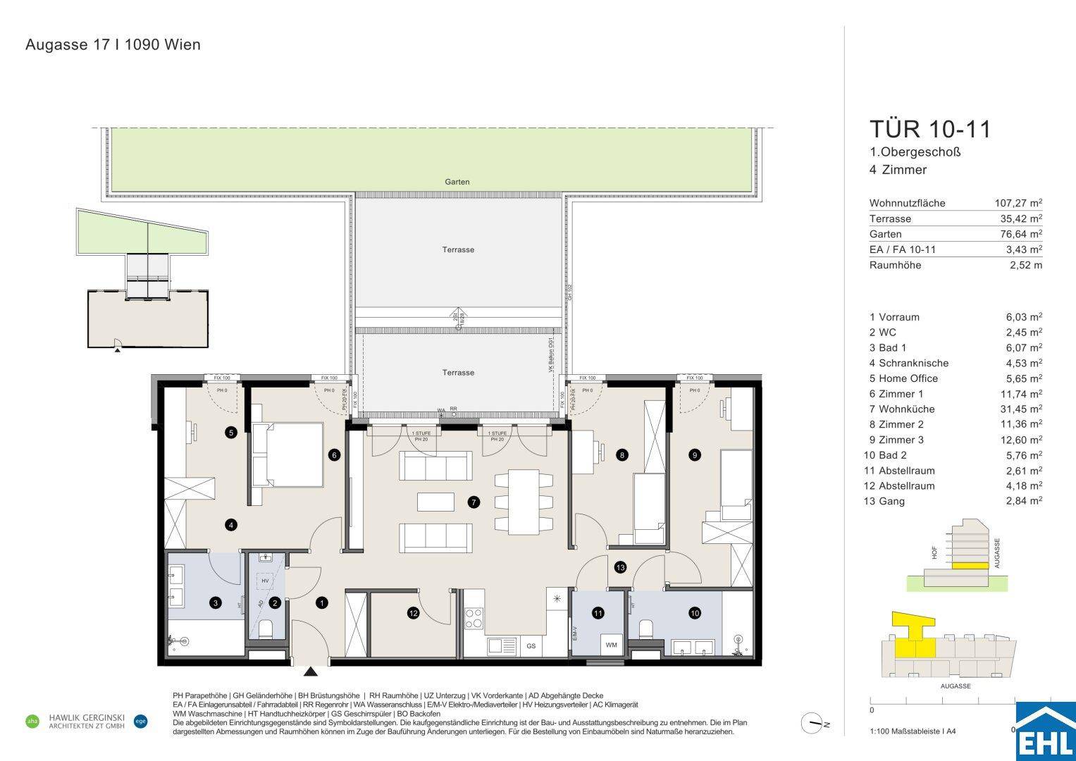 Detaillierter Grundriss einer Wohnung mit vier Zimmern, Terrasse und Garten.
