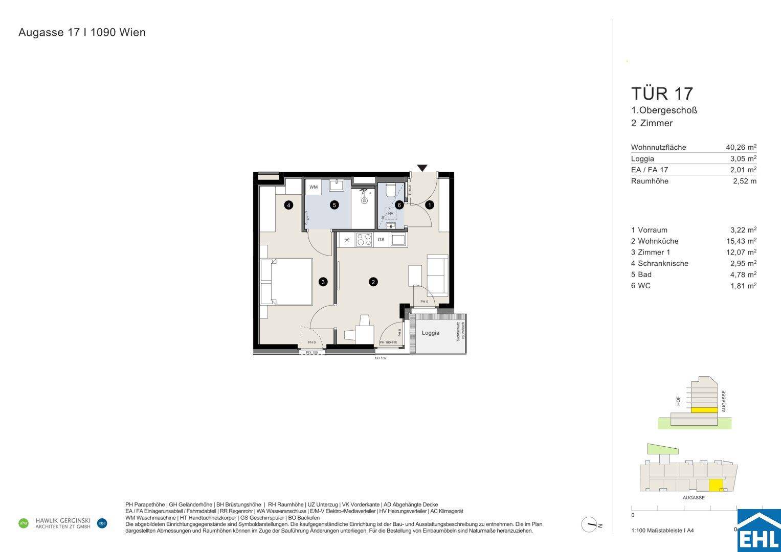 Grundriss einer 2-Zimmer-Wohnung im ersten Obergeschoss mit offener Wohnküche, Loggia und separatem WC.