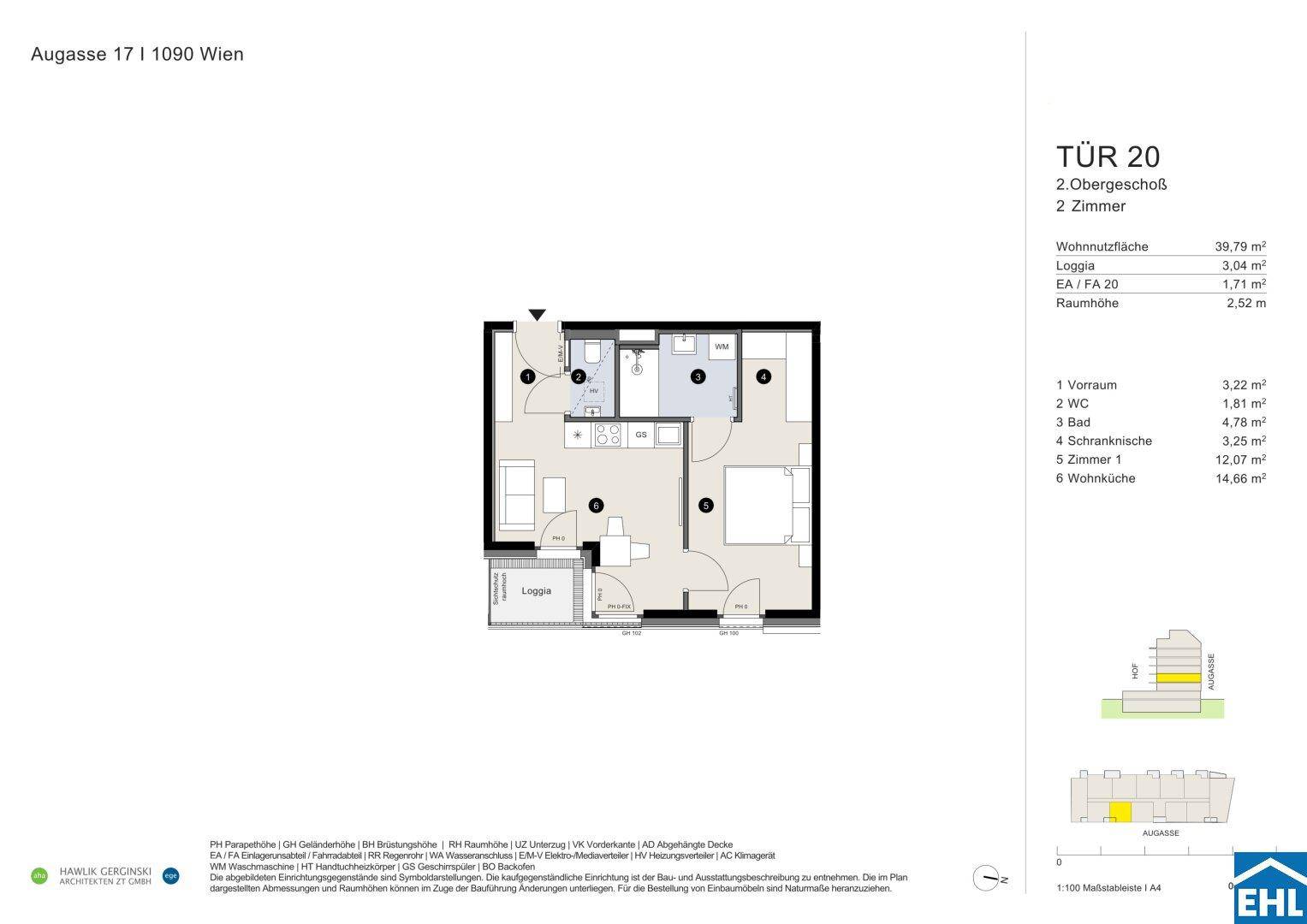 Grundriss einer 2-Zimmer-Wohnung mit offener Wohnküche, Schlafzimmer, Bad, separatem WC und Loggia.
