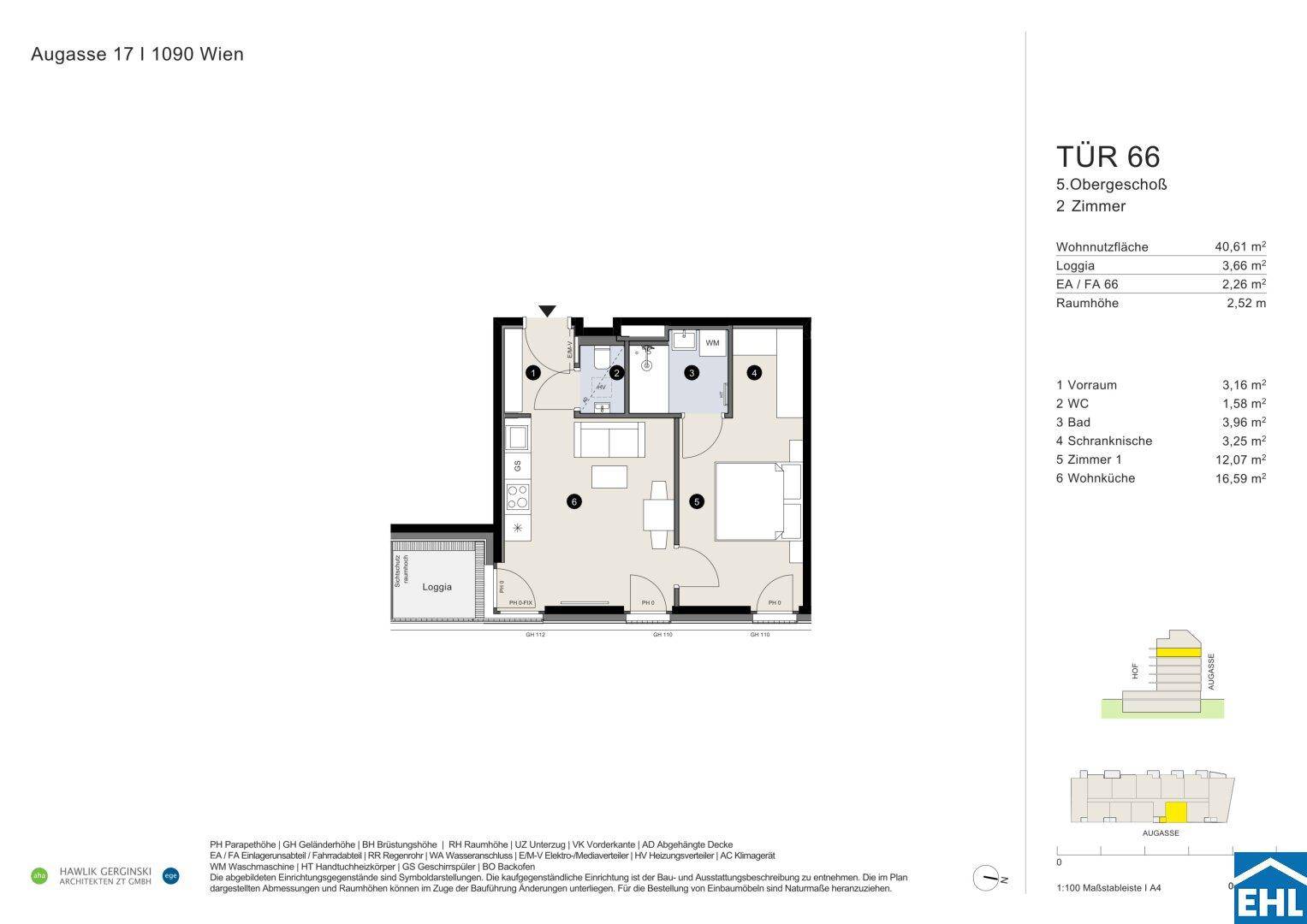 Grundriss einer 2-Zimmer-Wohnung im 5. Obergeschoss mit Loggia, Wohnküche, Schlafzimmer und separatem WC.