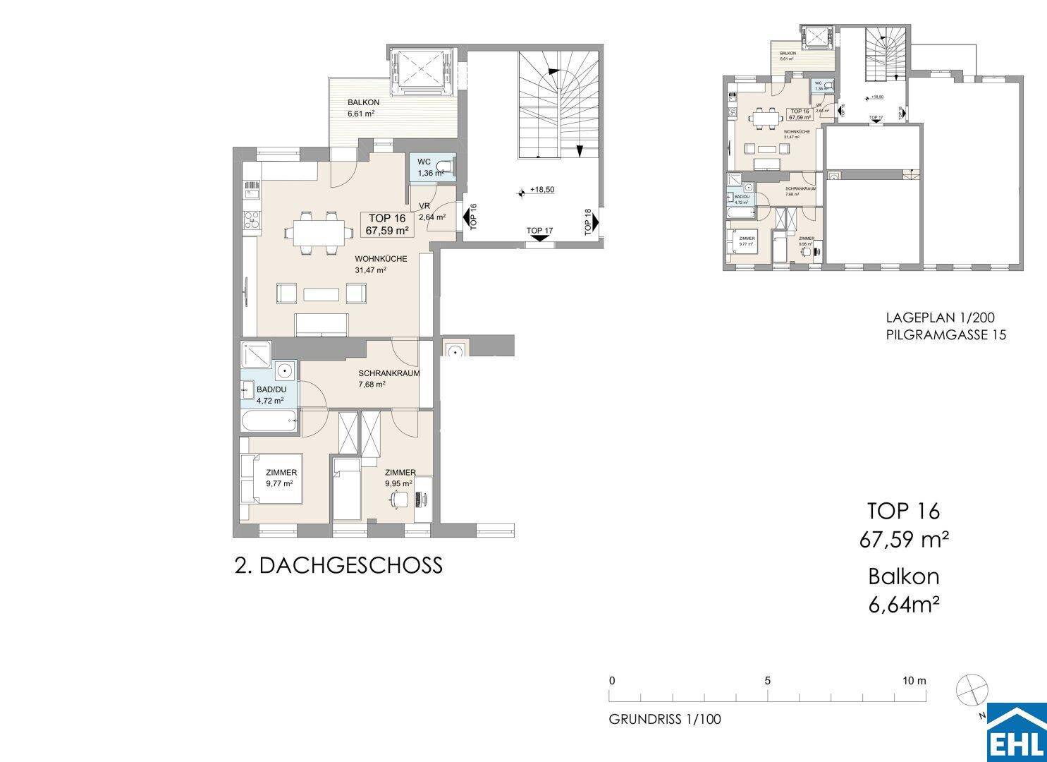 Grundriss des 2. Dachgeschosses mit offener Wohnküche, zwei Zimmern und Balkon.