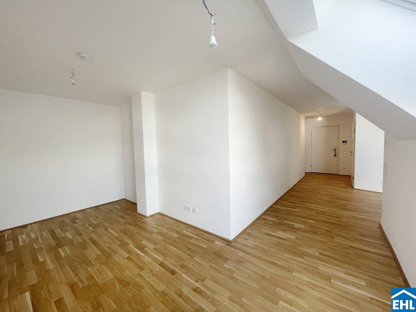 Heller Flurbereich mit Parkettboden und Zugang zur Wohnungstür, im modernen Dachgeschoss-Stil.