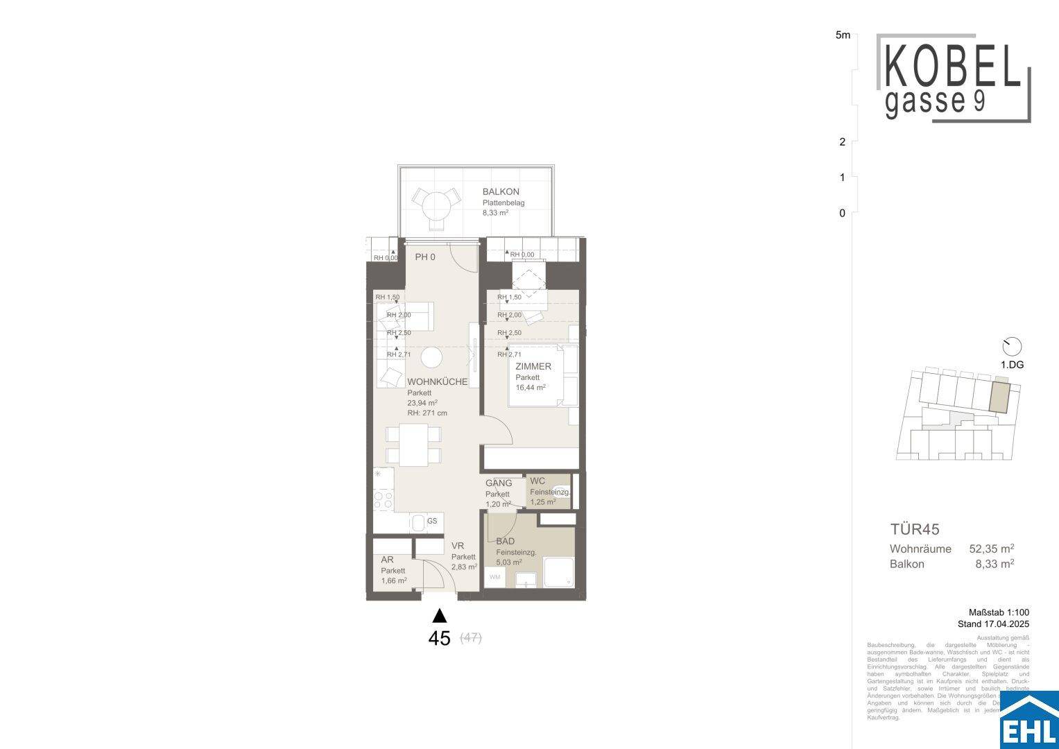 Grundriss einer Wohnung mit Wohnküche, Zimmer, Bad und Balkon, Gesamtfläche 52,35 m².