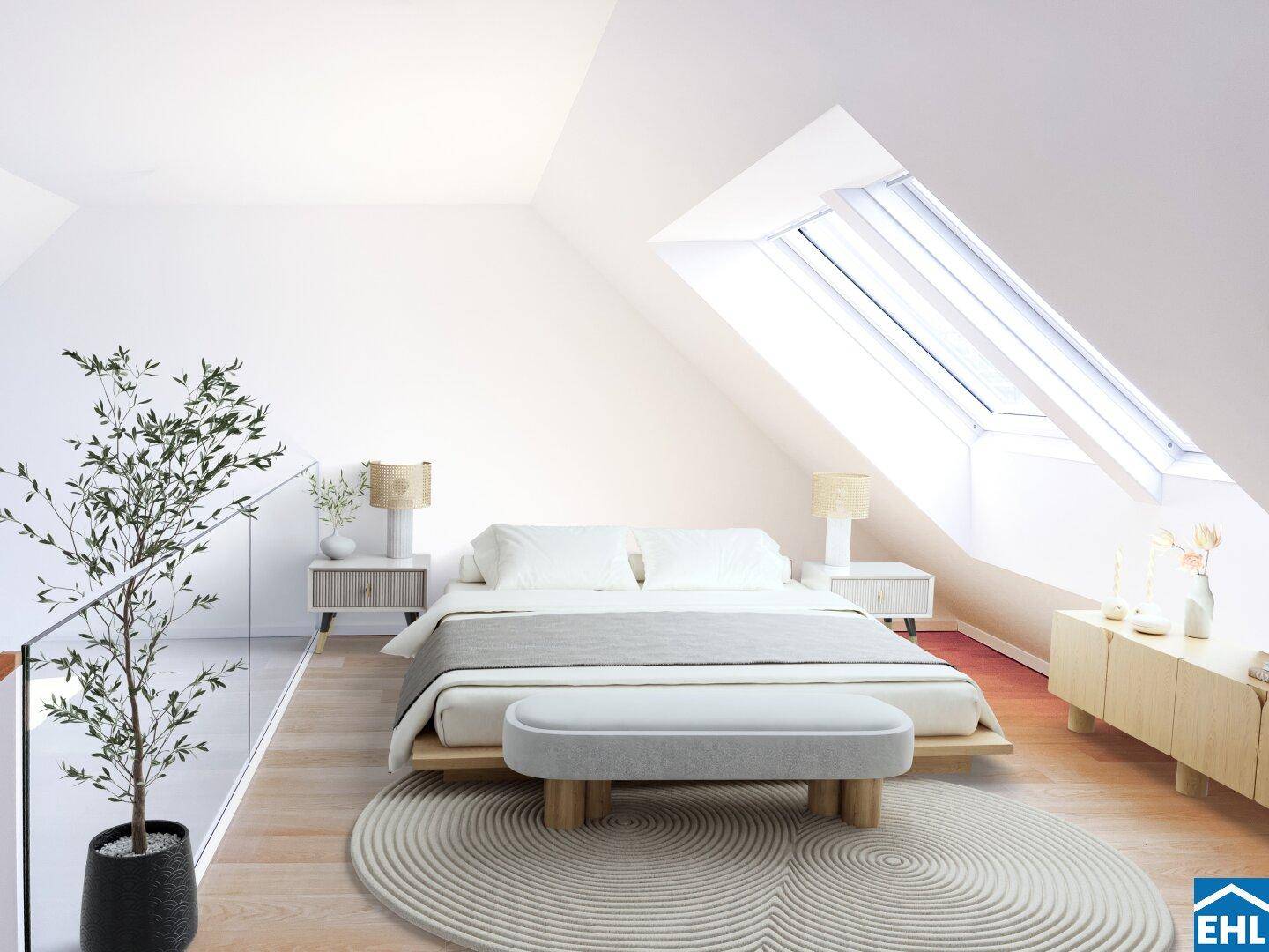 Helles Schlafzimmer im Dachgeschoss mit schrägen Wänden, Dachfenstern und modernem Design.