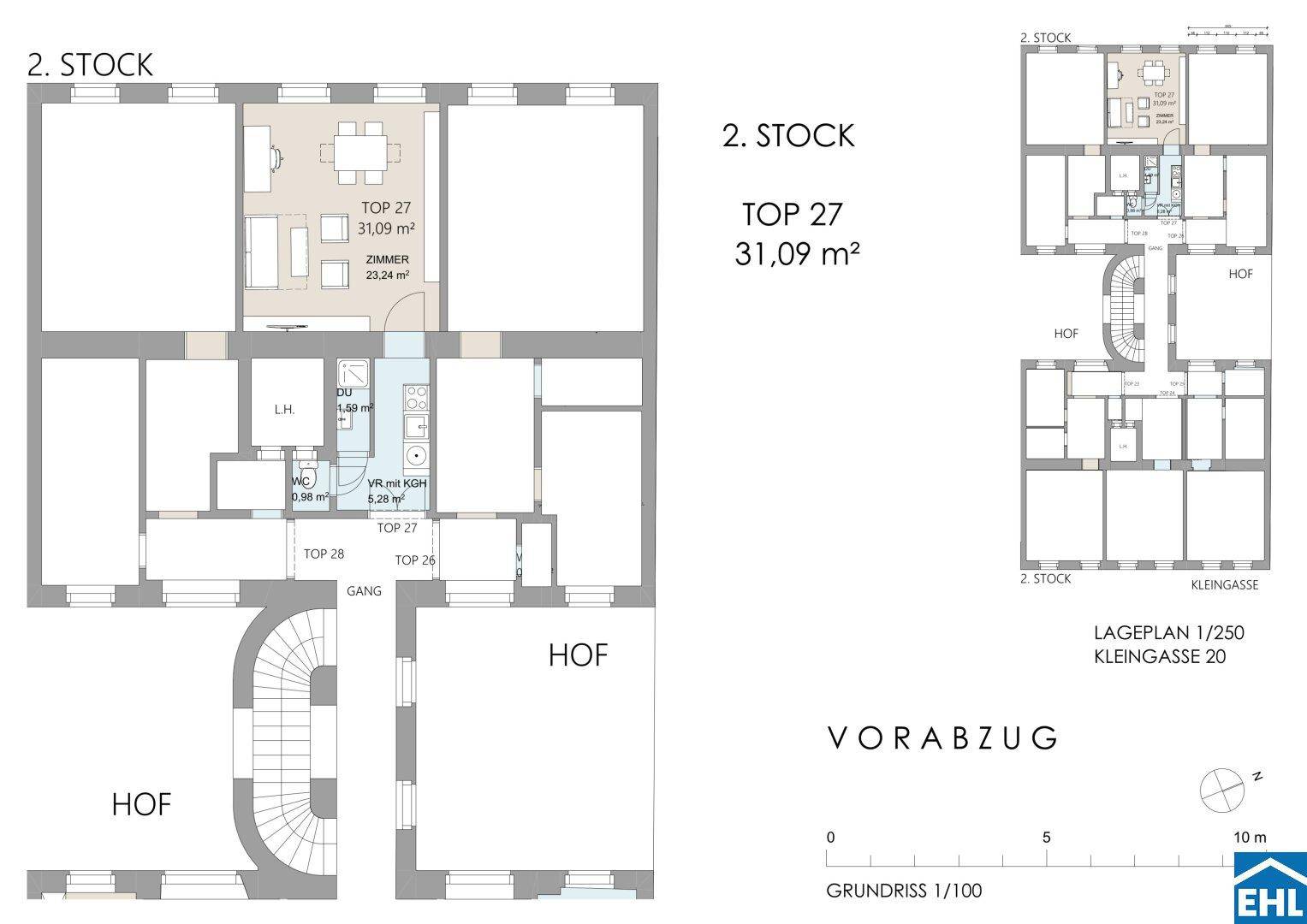 Grundriss der Wohnung Top 27 im 2. Stock mit offenem Wohnbereich und Loggia zum Hof.