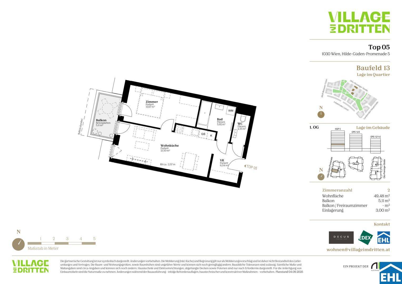 Grundriss einer Wohnung mit offener Wohnküche, einem Schlafzimmer, Bad, separatem WC und Balkon.