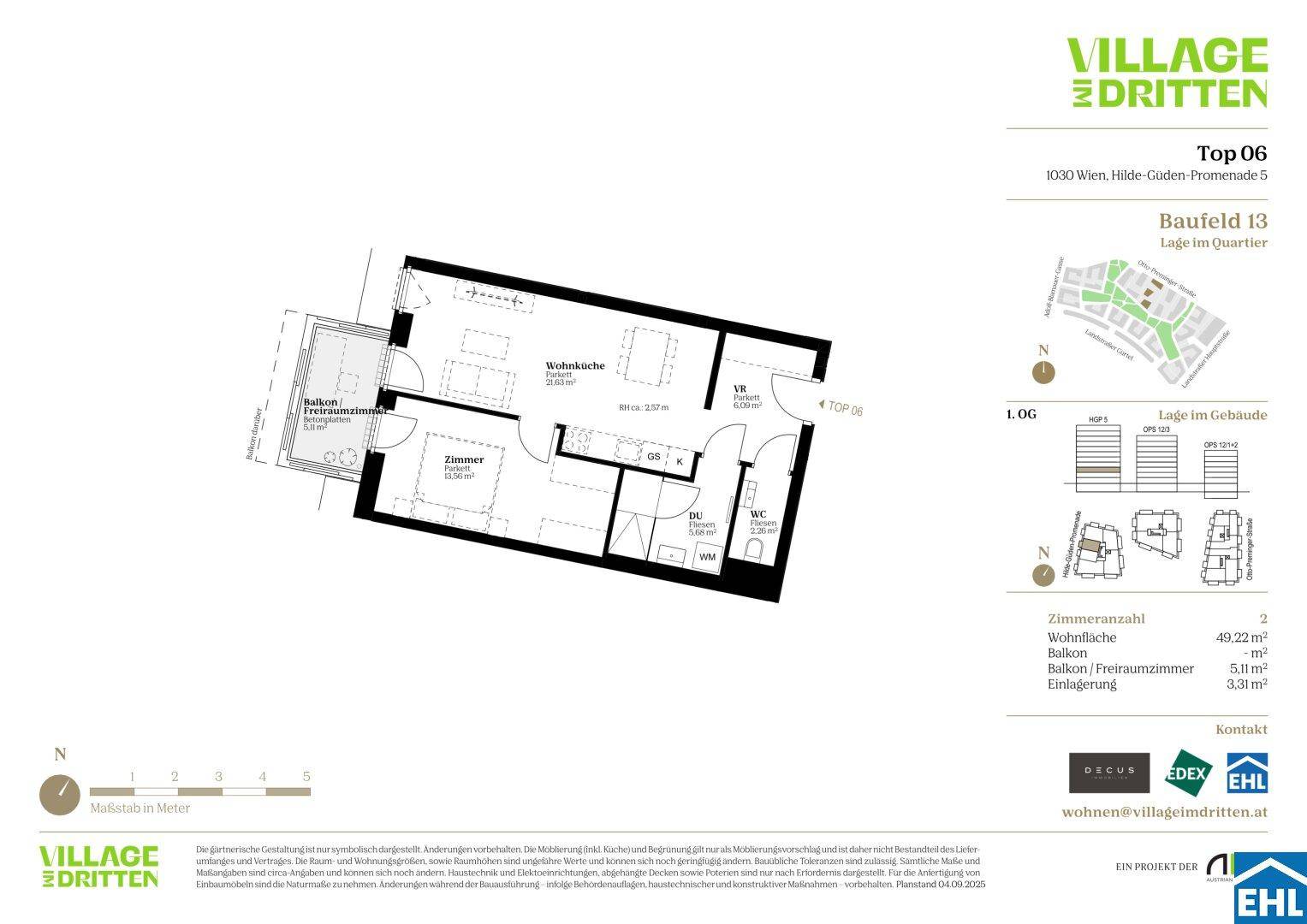 Grundriss einer Wohnung mit einem Zimmer, offener Wohnküche, Bad, WC und Balkon.