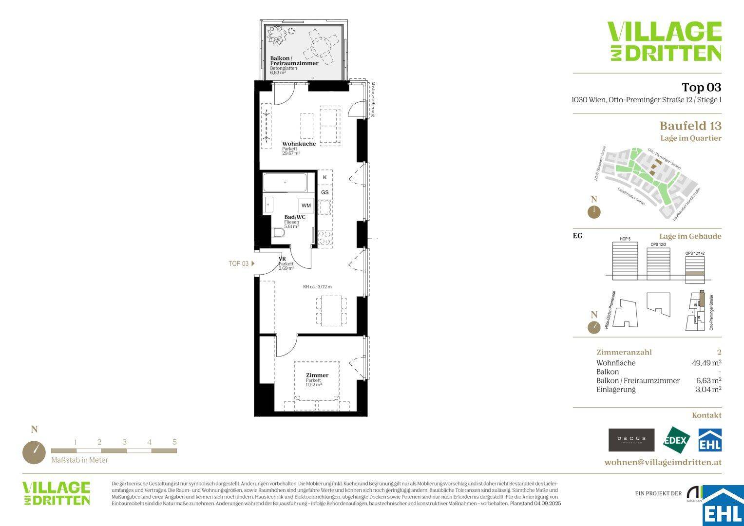 Grundriss einer Wohnung mit einem Schlafzimmer, offener Wohnküche und einem Balkon.