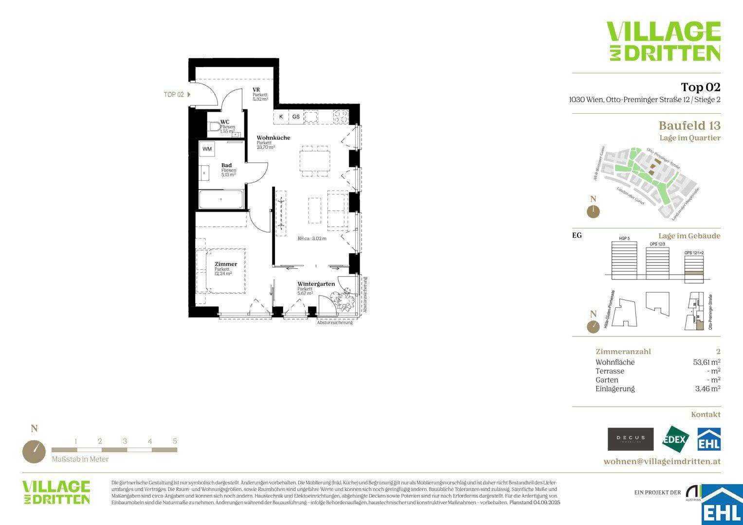 Grundriss einer Wohnung mit einem Zimmer, Wohnküche und Wintergarten.