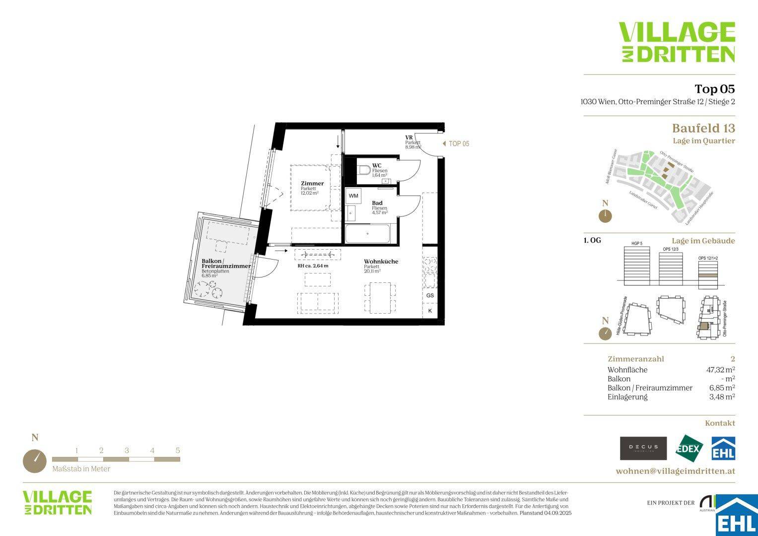 Grundriss einer Wohnung mit Wohnküche, Schlafzimmer, Bad, WC und Balkon.