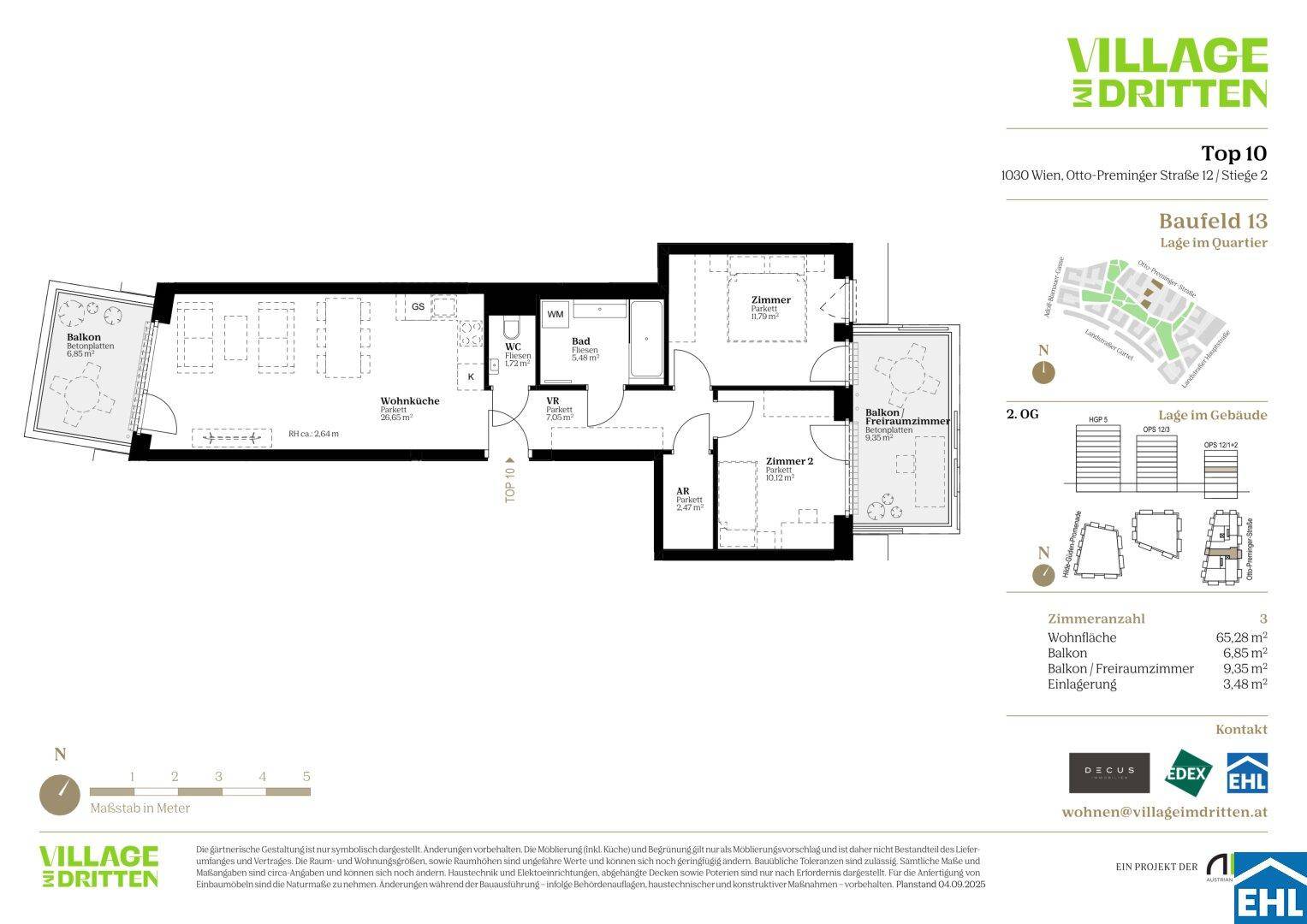 Grundriss einer Wohnung mit drei Zimmern, offenem Wohnbereich, Balkon und Loggia.