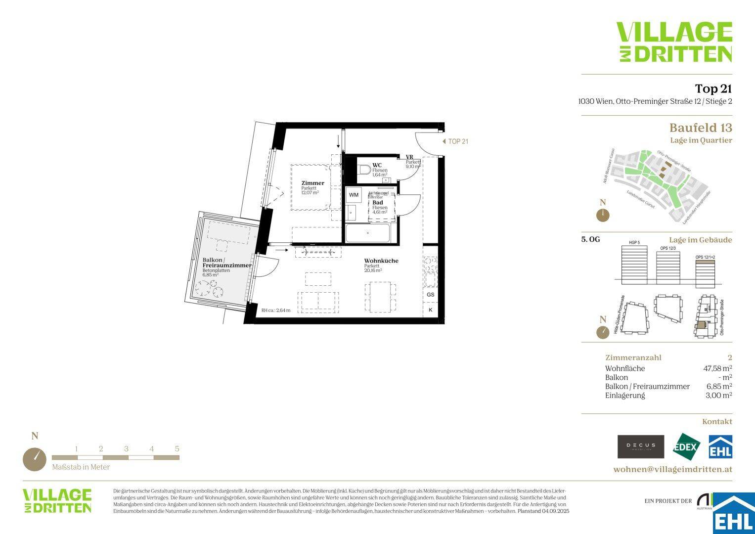 Grundriss der Wohnung Top 21 mit einem Schlafzimmer, Wohnküche und Balkon.