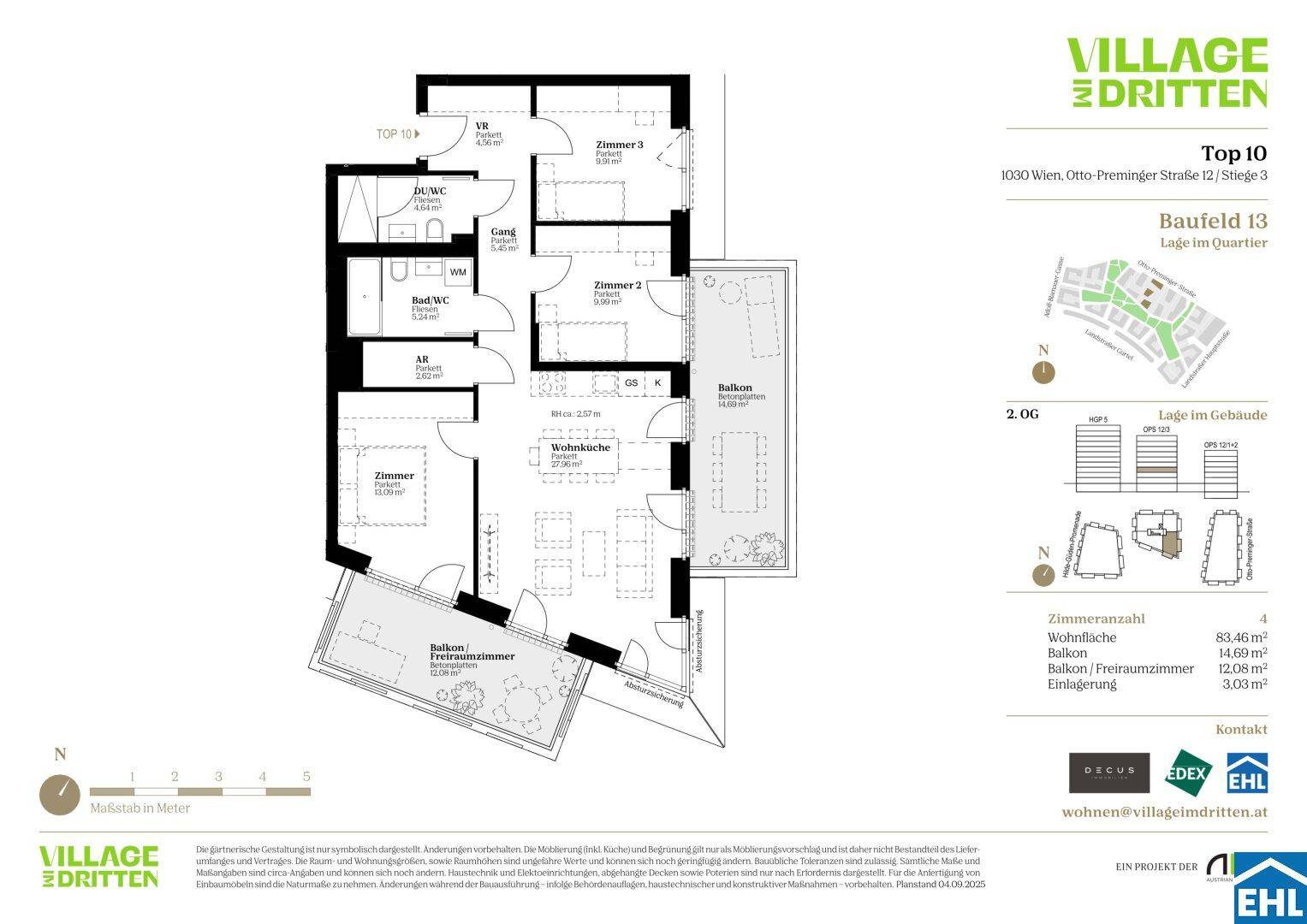 Grundriss einer Wohnung mit offenem Wohnbereich, drei Zimmern, zwei Bädern und Balkon.