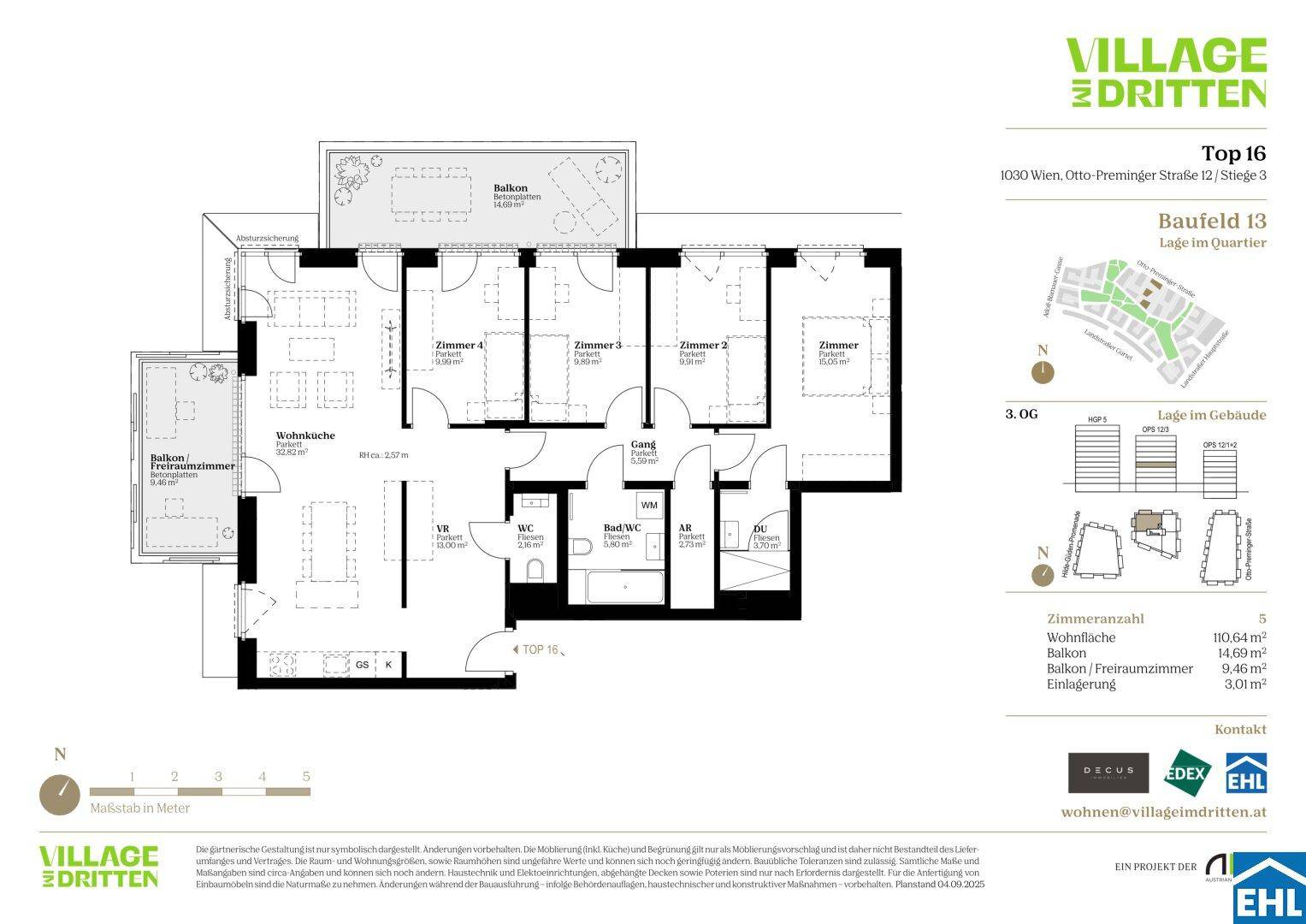 Grundriss der Wohnung Top 16 mit vier Zimmern, offener Wohnküche und zwei Außenbereichen.