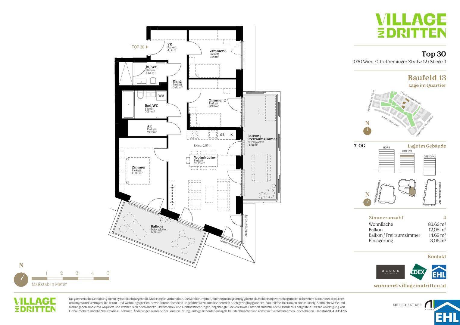 Grundriss einer Wohnung mit offener Wohnküche, mehreren Zimmern und einem Balkon.