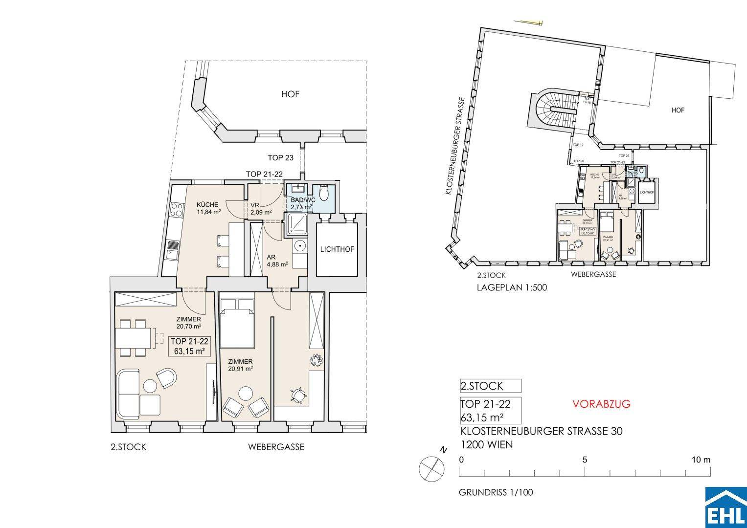 Detaillierter Grundriss einer Wohnung im zweiten Stock mit 63,15 m² Wohnfläche.