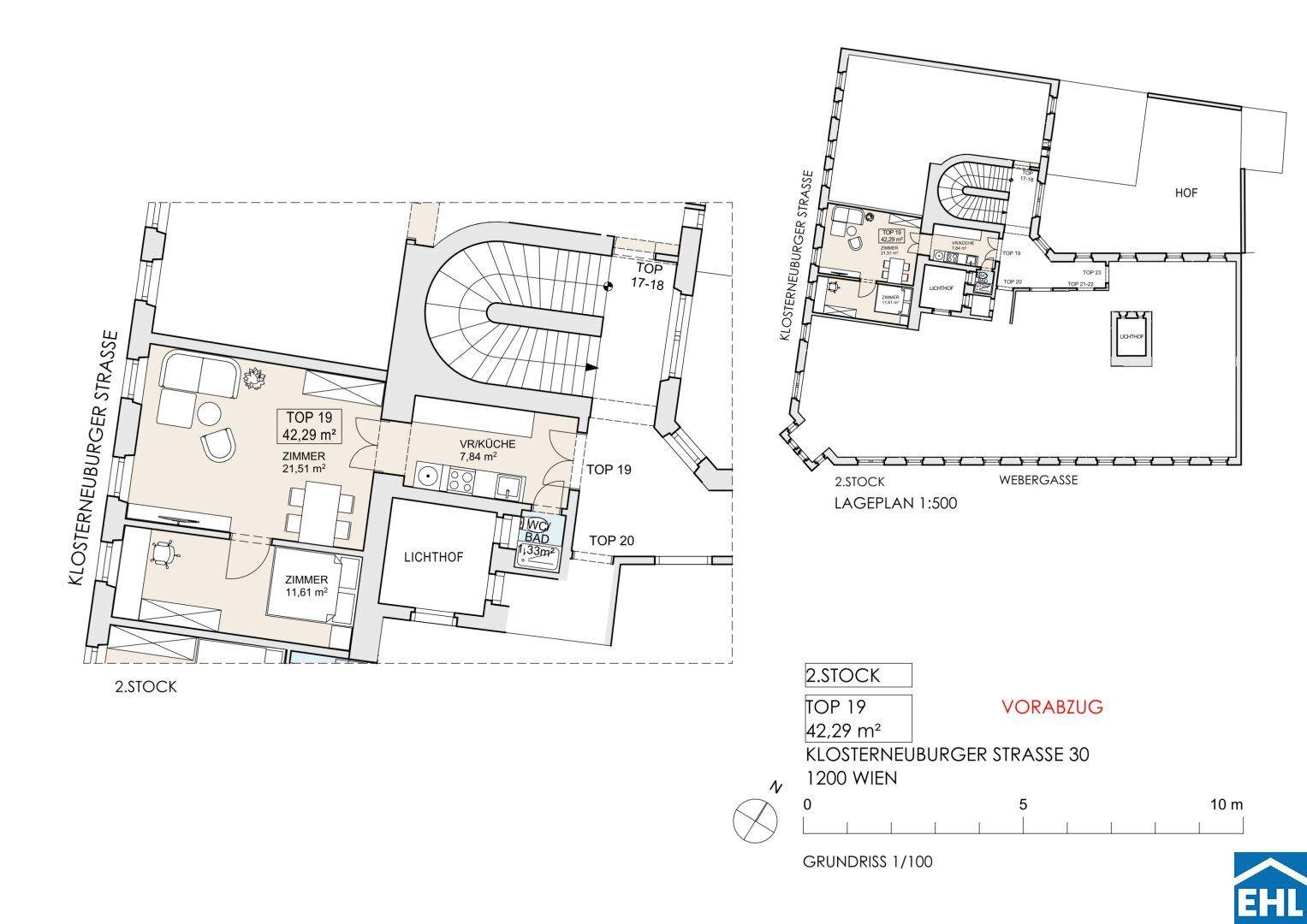 Detaillierter Grundriss einer Wohnung im zweiten Stock mit Wohnbereich und Schlafzimmer.