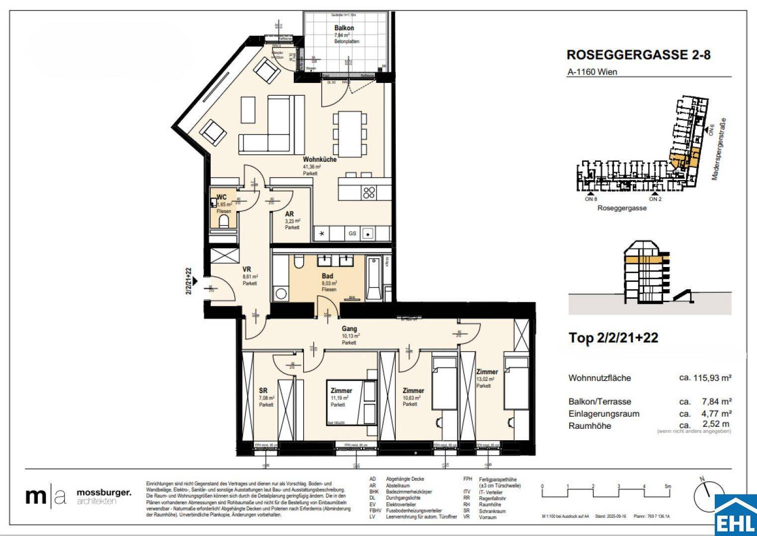 Grundriss einer Wohnung mit drei Schlafzimmern, offenem Wohnbereich, Balkon und separatem WC.