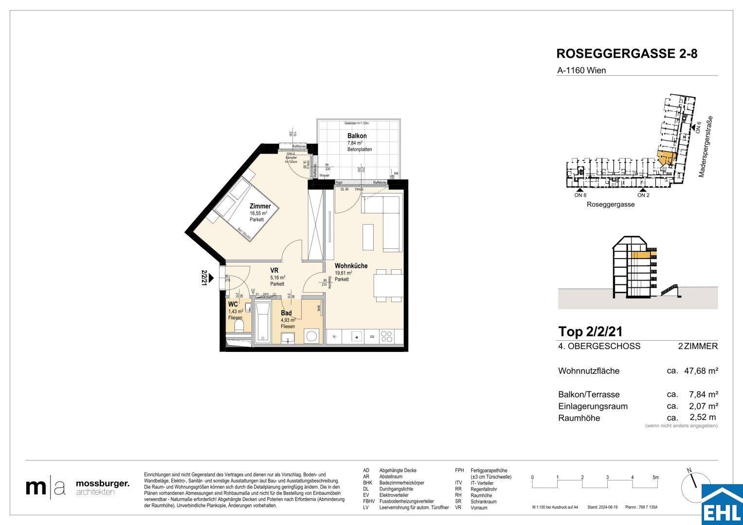 Grundriss einer 2-Zimmer-Wohnung mit offenem Wohnbereich, Bad, WC und Balkon.