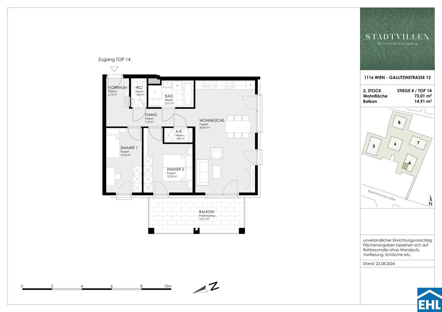 Grundriss der Wohnung Top 14 mit Wohnküche, zwei Zimmern, Bad, WC und Balkon.