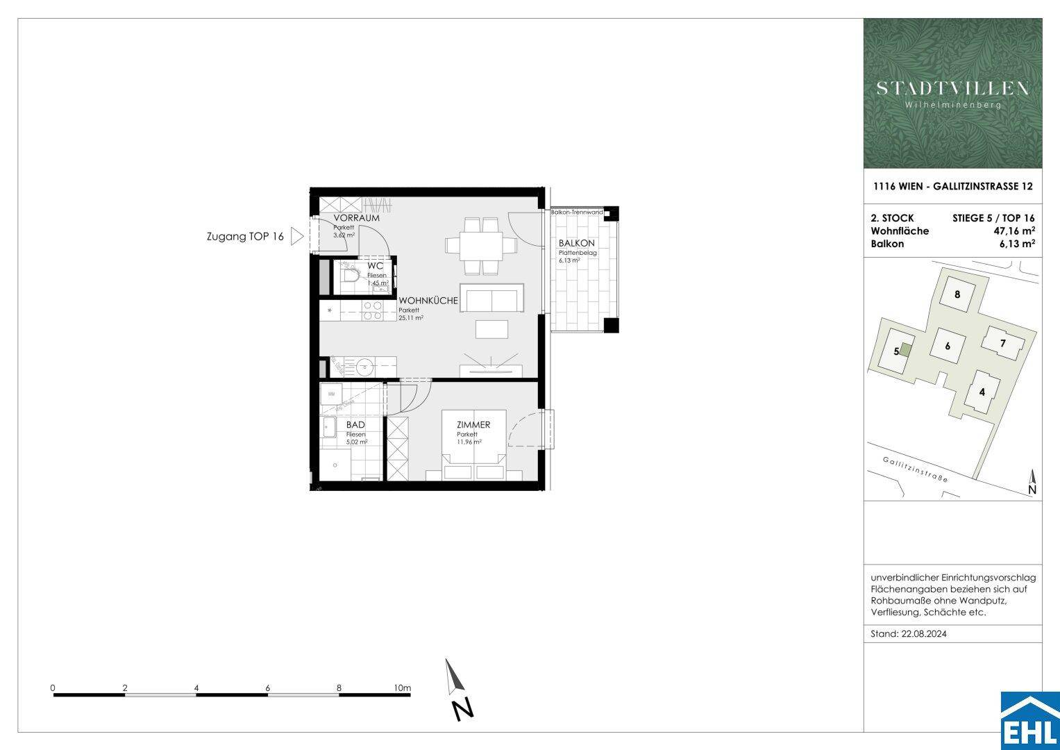 Grundriss einer Wohnung mit Wohnküche, Schlafzimmer, Bad, WC und Balkon auf 47,16 m².