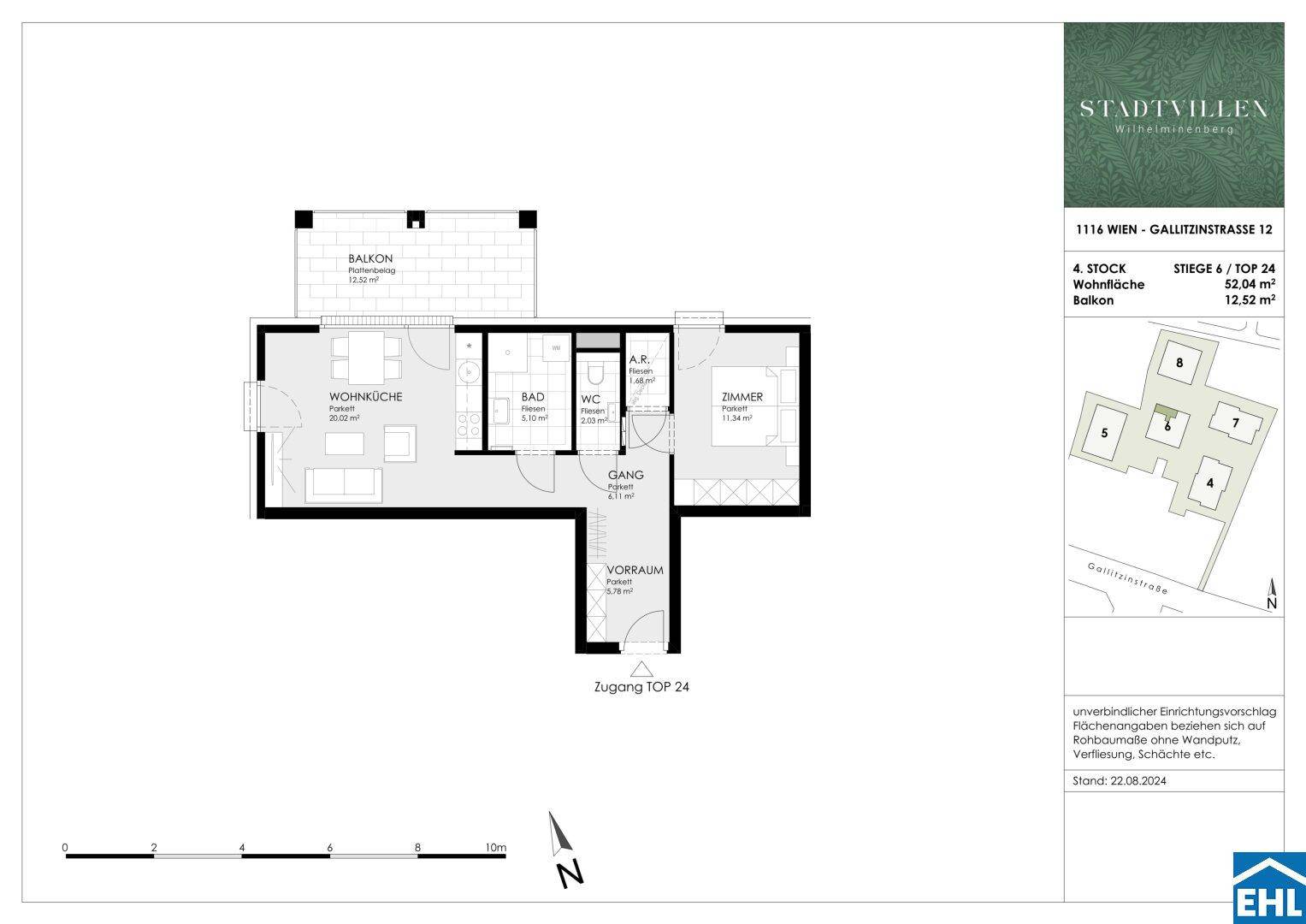 Grundriss einer Wohnung mit Wohnküche, Bad, WC und Balkon auf 62,04 m² Wohnfläche.