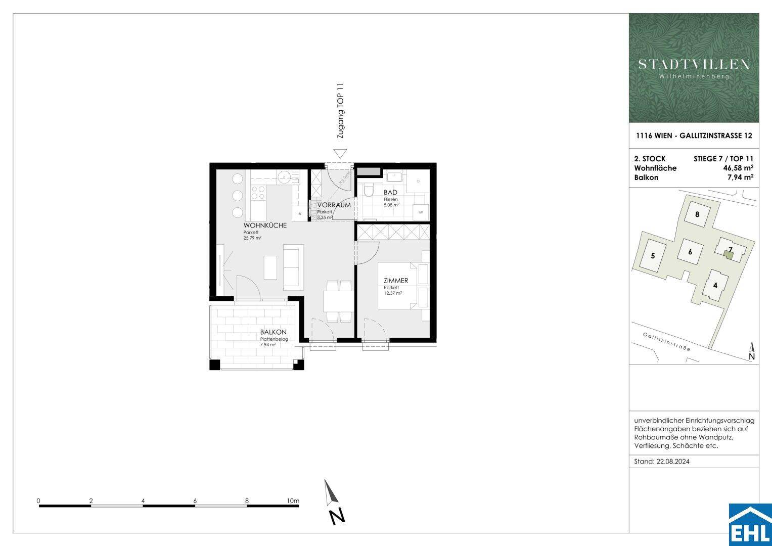 Grundriss einer Wohnung mit Wohnküche, Schlafzimmer, Bad und Balkon.