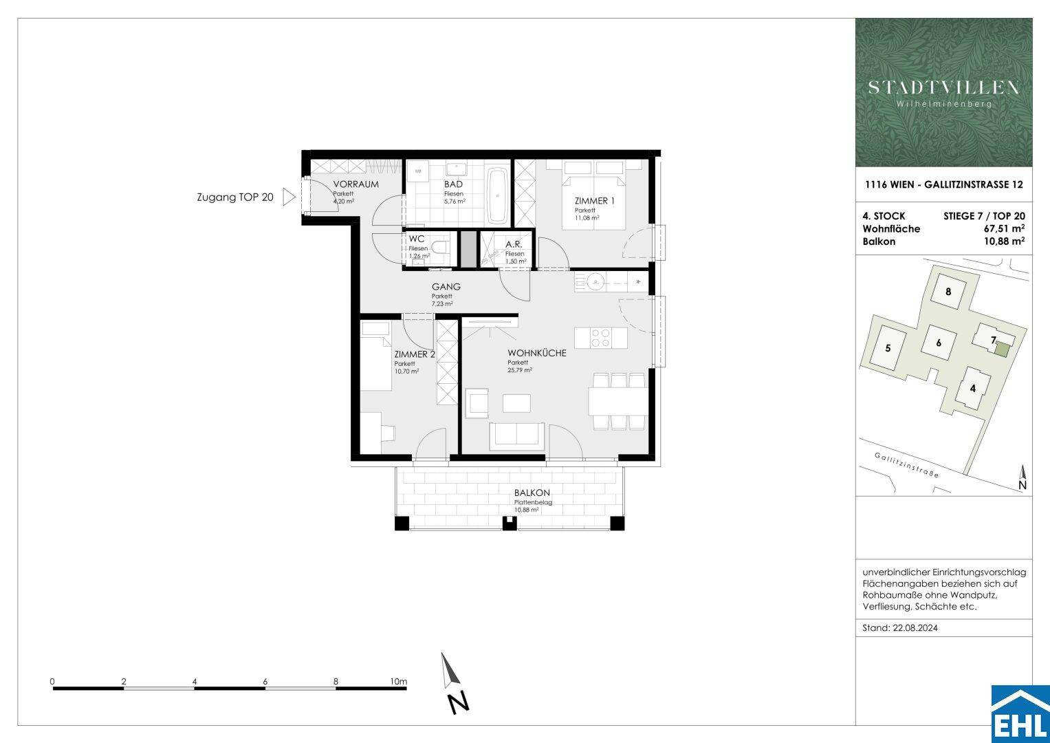 Grundriss einer Wohnung mit Wohnküche, zwei Zimmern, Bad und einem Balkon.