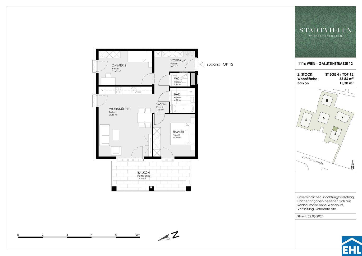 Grundriss einer Wohnung mit zwei Zimmern, Wohnküche und Balkon.