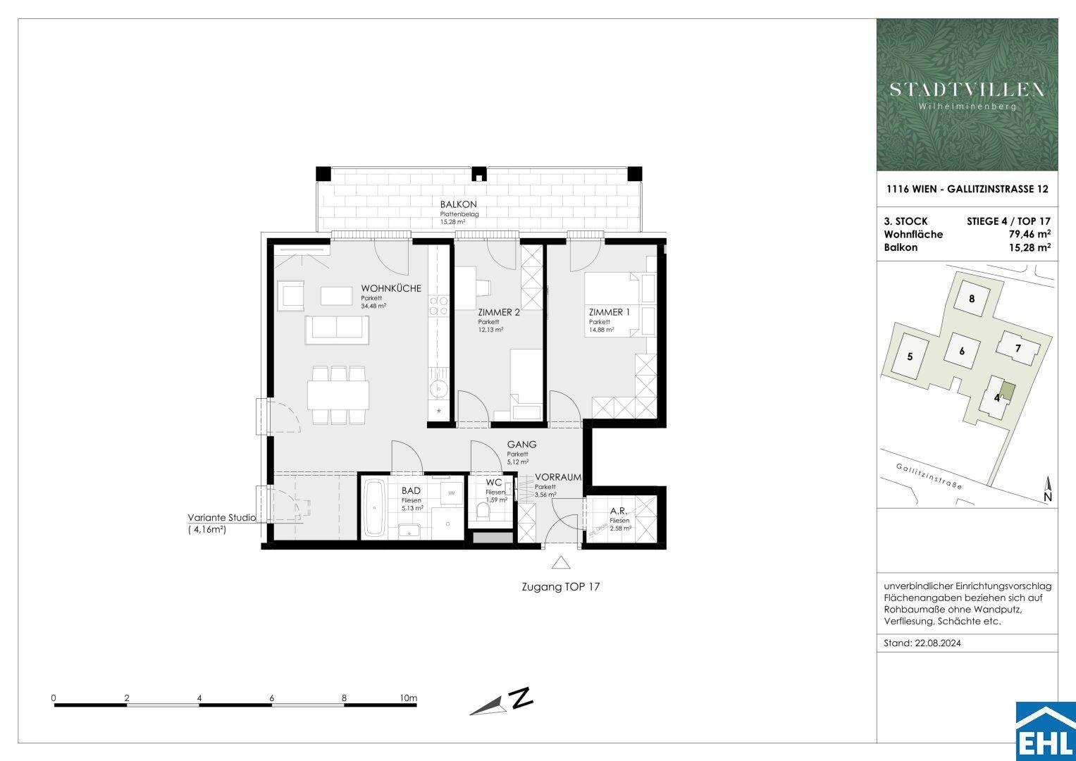 Grundriss einer Wohnung mit offener Wohnküche, zwei Zimmern, Bad, WC und Balkon.