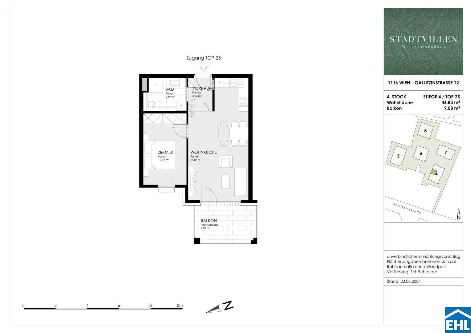 Grundriss einer Wohnung mit offenem Wohn-Kochbereich, Schlafzimmer, Bad und Balkon.