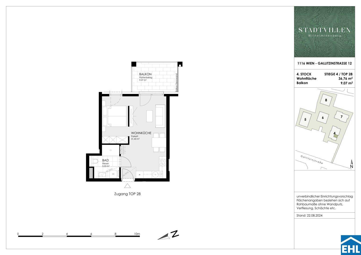 Grundriss einer Wohnung im 4. Stock mit Balkon, Wohnküche und Bad.