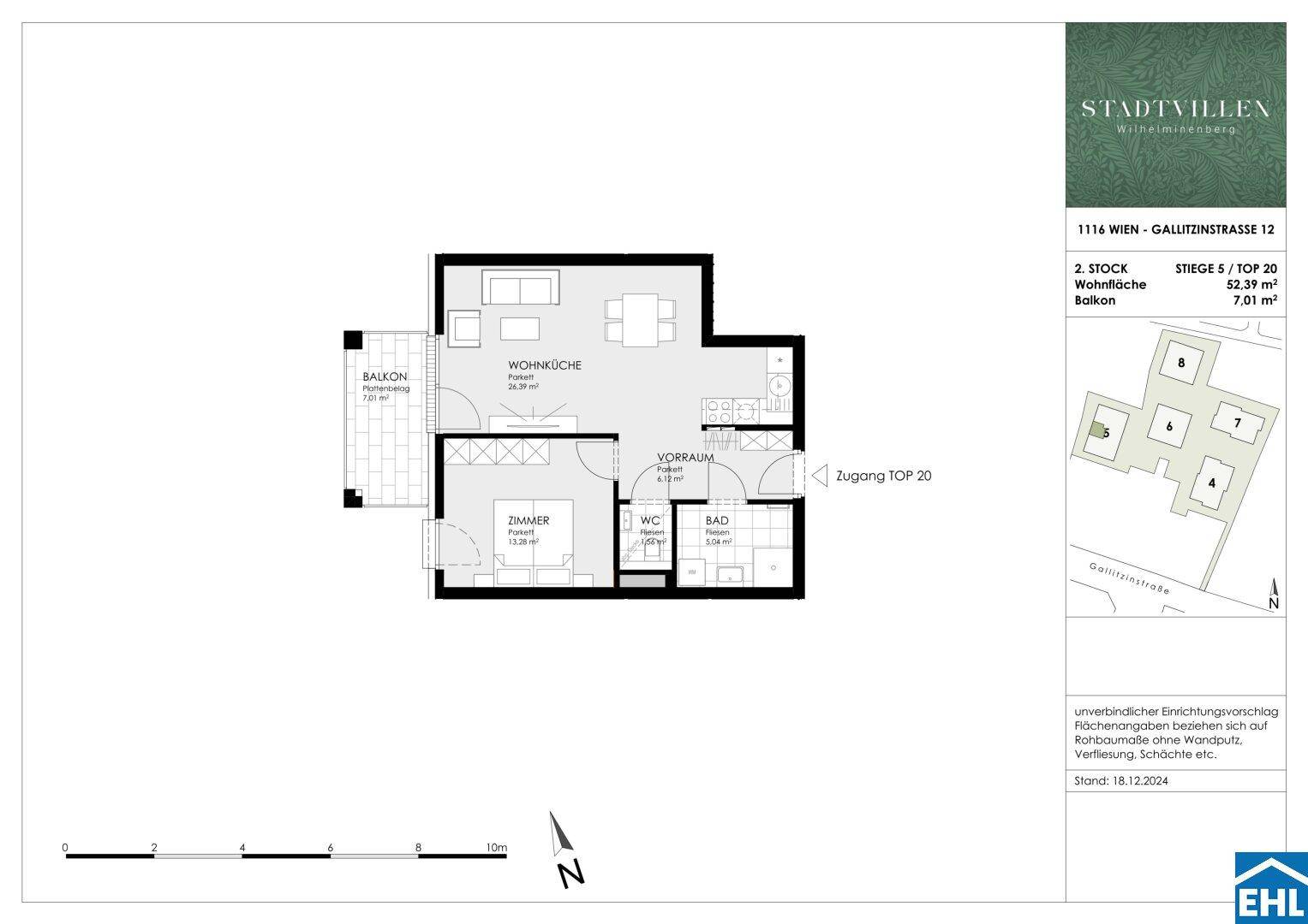 Grundriss einer Wohnung mit Wohnküche, Schlafzimmer, Bad und Balkon.