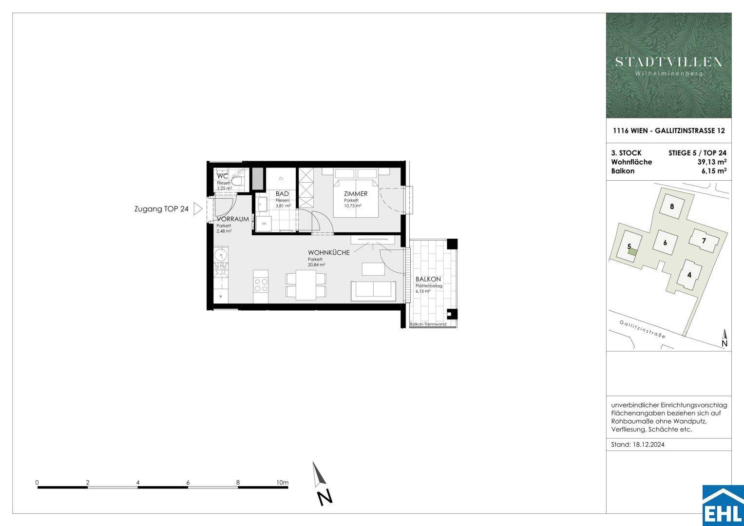 Grundriss einer Wohnung mit Wohnküche, Schlafzimmer und Balkon, 39,13 m² Wohnfläche.