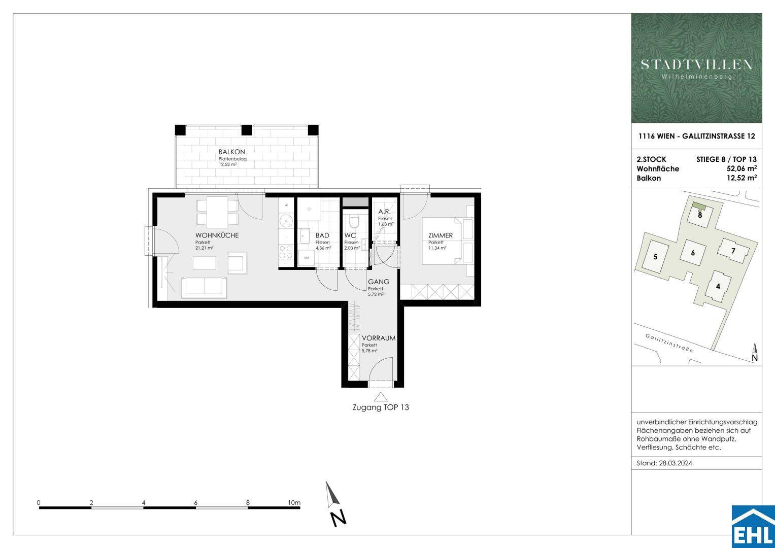 Grundriss einer Wohnung mit Wohnküche, Bad, separatem WC und Balkon.