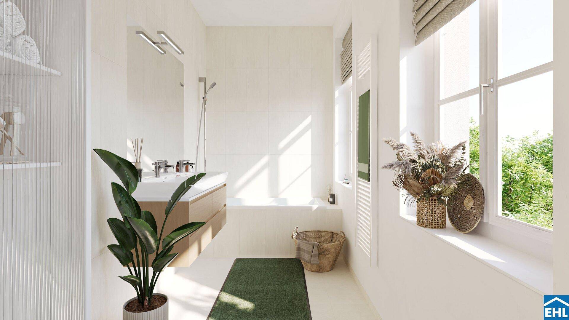 Helles Badezimmer mit Badewanne, modernem Waschtisch und großem Fenster mit Blick ins Grüne.