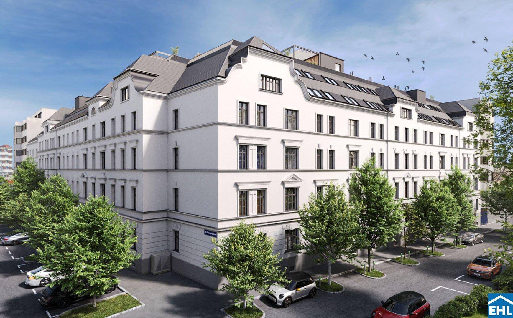 Visualisierung der modernen Wohnanlage mit klassischer Fassade und umliegenden Parkplätzen.