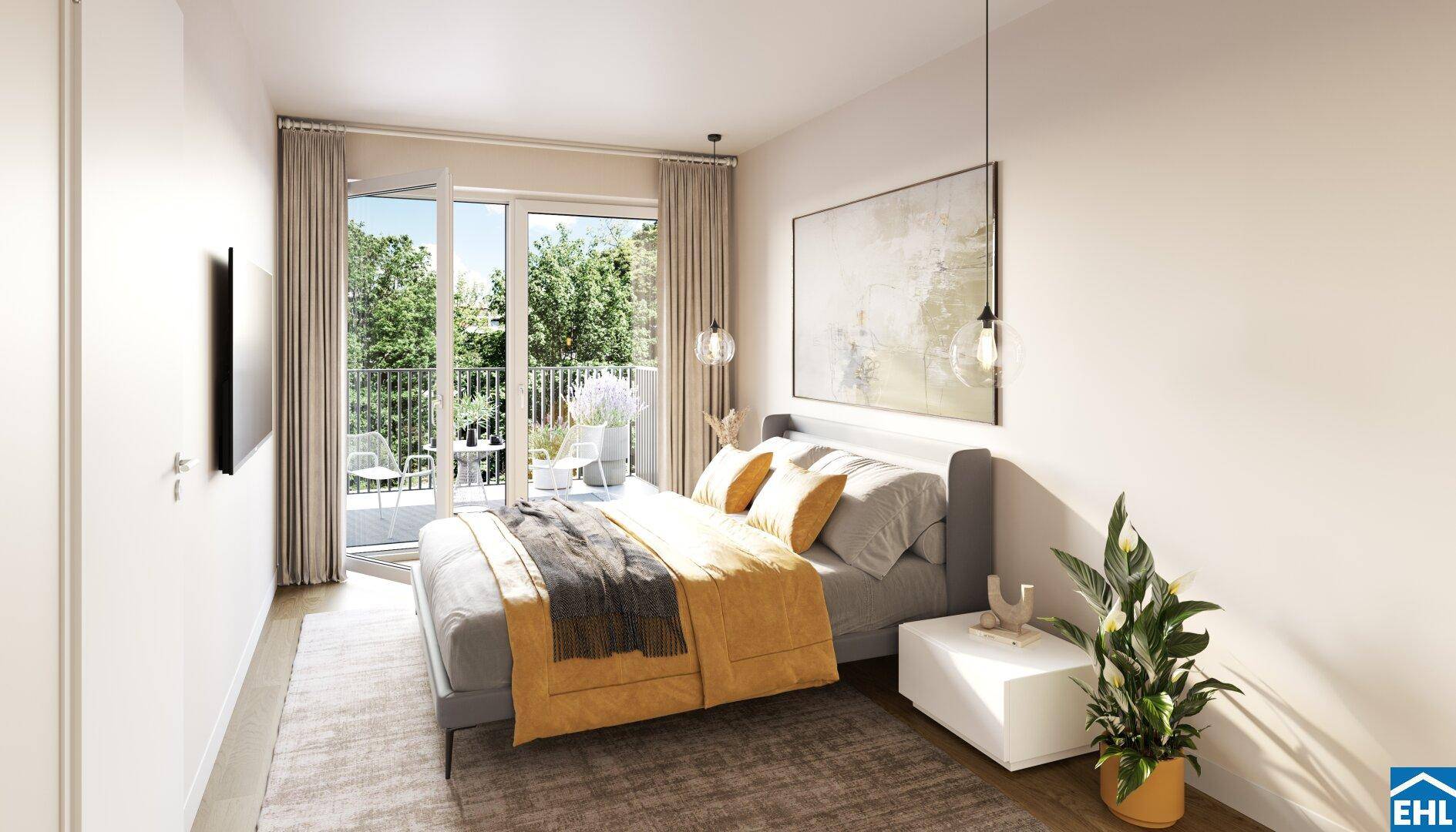 Helles Schlafzimmer mit modernem Design, Zugang zum Balkon und Blick ins Grüne.