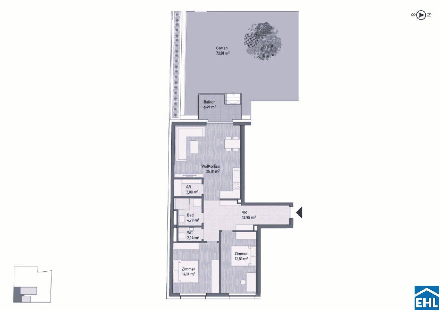 Grundriss zeigt eine Wohnung mit offenem Wohnbereich, Balkon, Garten und separatem WC.