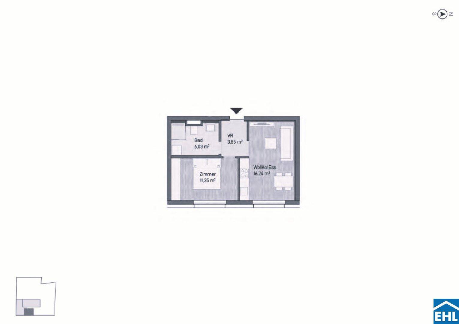 Übersichtlicher Grundriss einer Wohnung mit Bad, Zimmer und offenem Wohn-Essbereich.