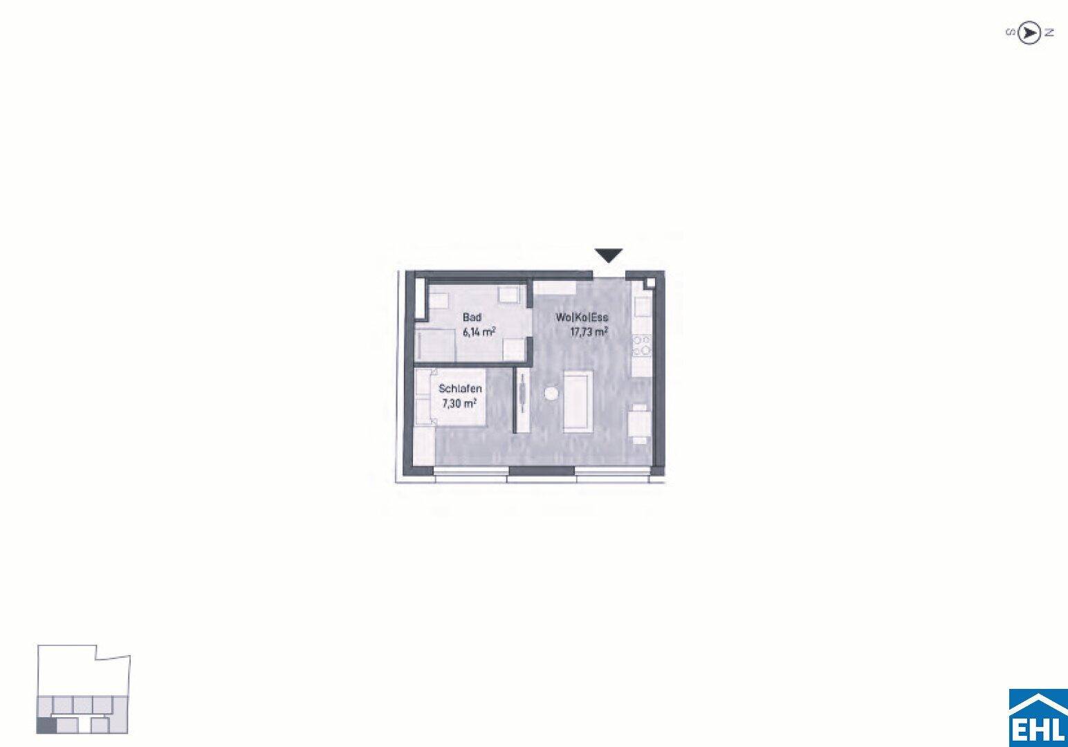 Kompakter Grundriss einer Wohnung mit Schlafzimmer, Bad und offenem Wohn-/Essbereich.