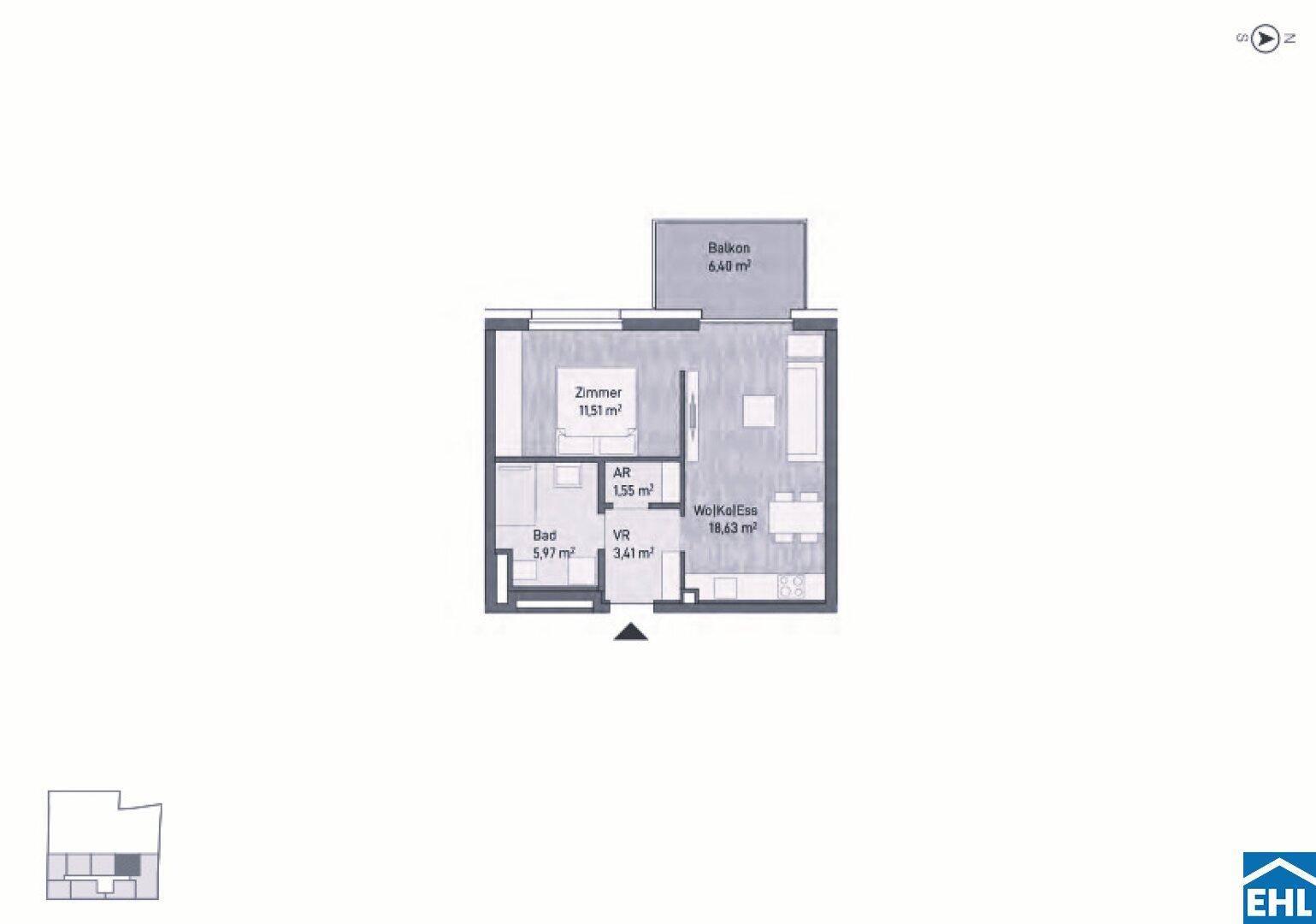 Grundriss einer Wohnung mit einem Zimmer, Bad, Wohnküche und Balkon von 6,48 m².