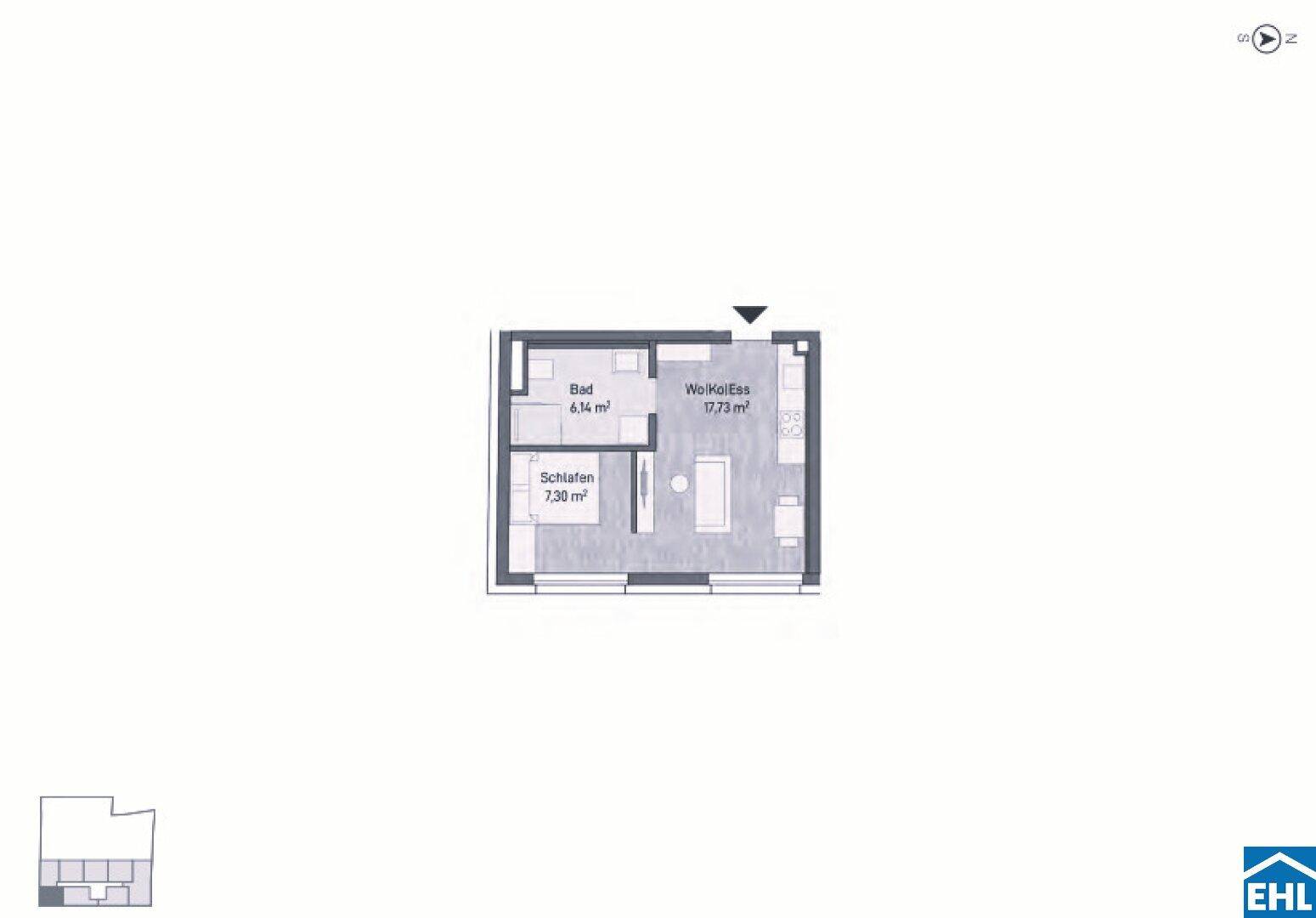 Grundriss einer Wohnung mit Schlafzimmer, Bad und offenem Wohn-Koch-Essbereich.