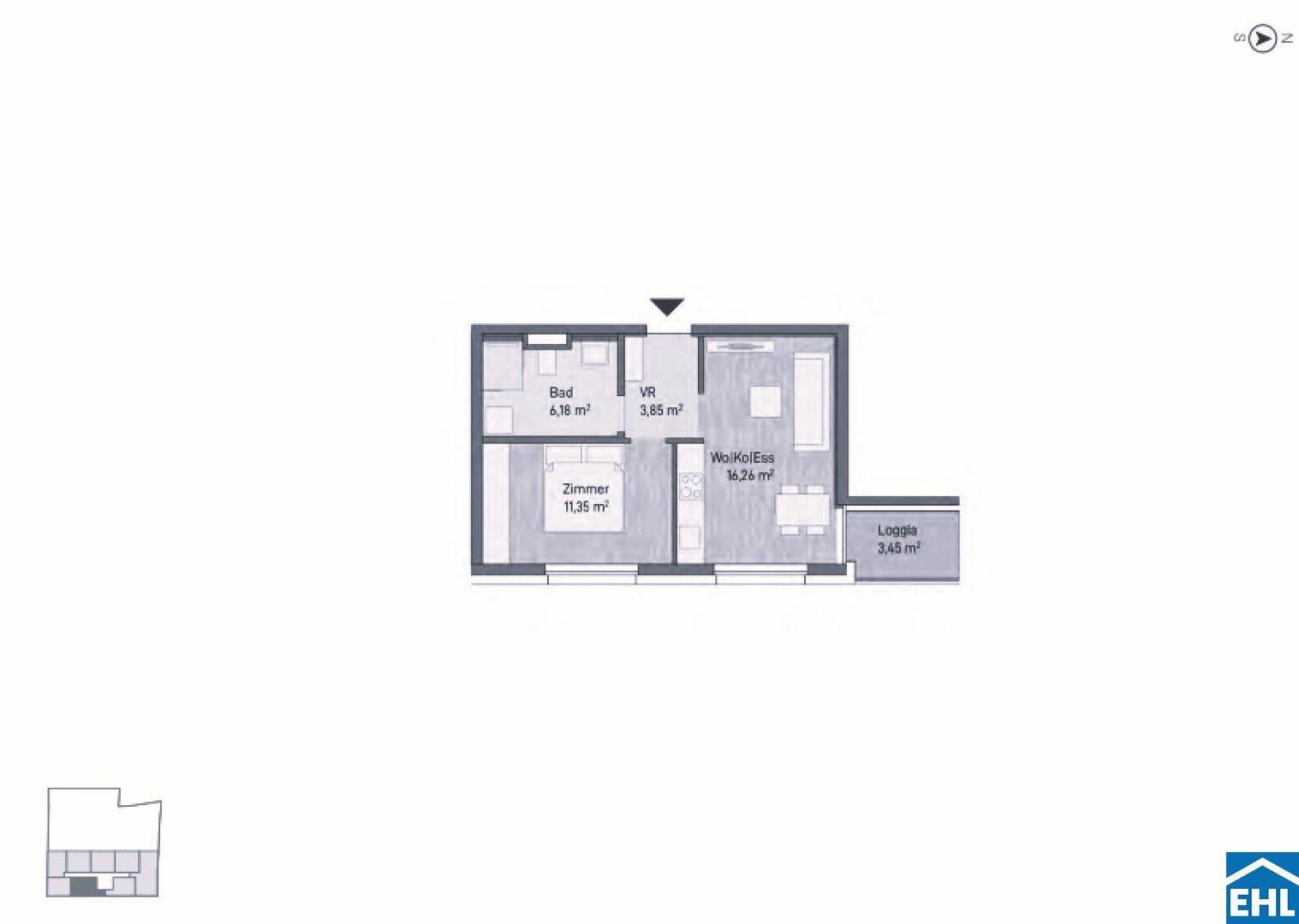 Grundriss einer Wohnung mit Bad, Zimmer, Wohn-Koch-Essbereich und Loggia.
